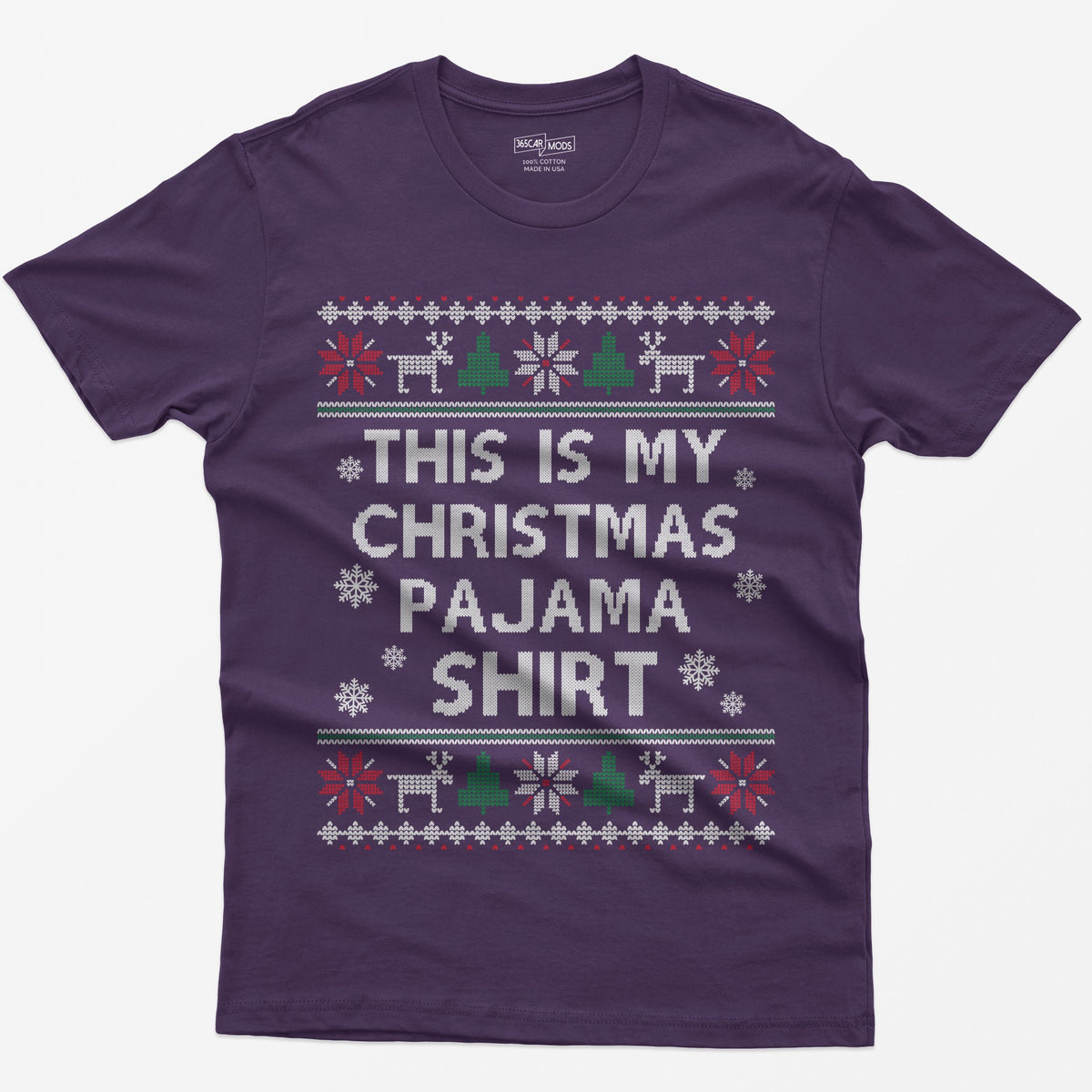 Purple t-shirt with This Is My Christmas Pajama Shirt in knit-style lettering inside reindeer, tree and snowflake borders