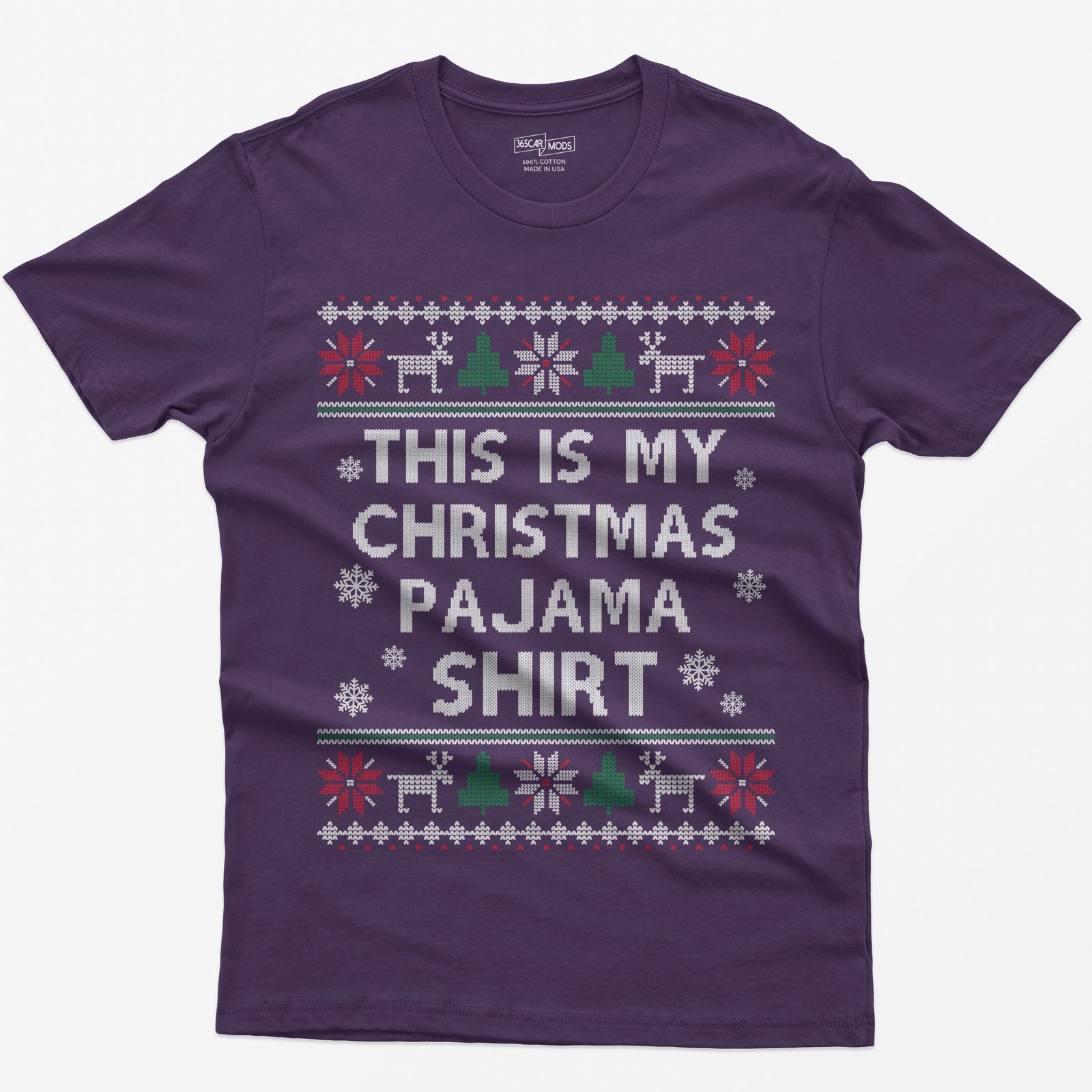 Purple t-shirt with This Is My Christmas Pajama Shirt in knit-style lettering inside reindeer, tree and snowflake borders