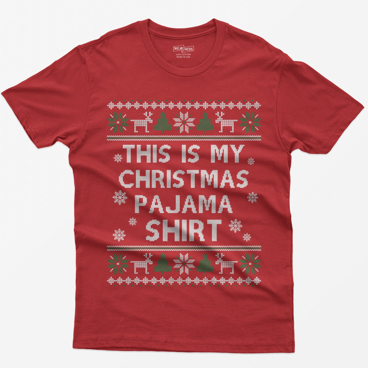 Red t-shirt with This Is My Christmas Pajama Shirt in knit-style lettering inside reindeer, tree and snowflake borders