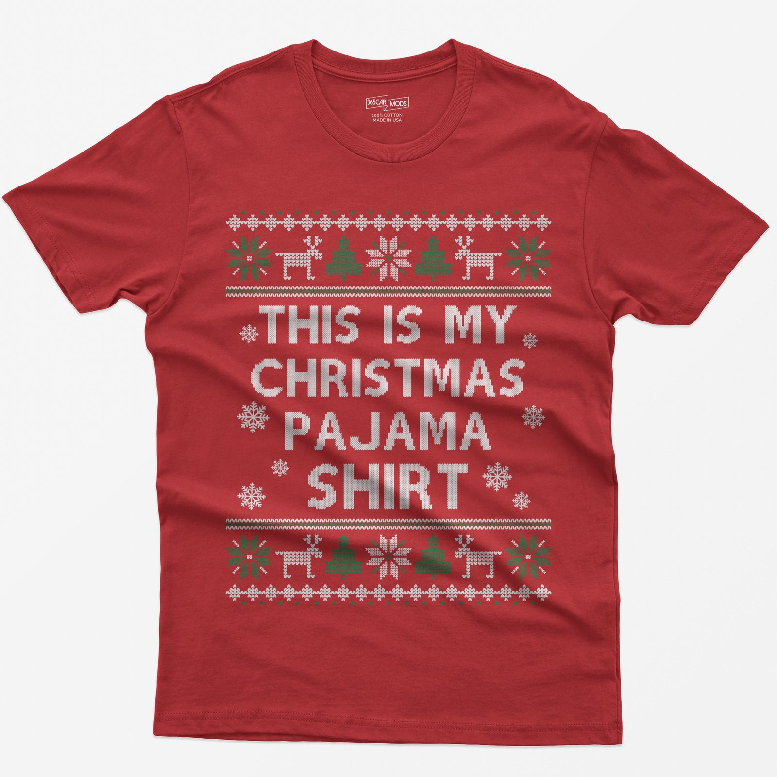 Red t-shirt with This Is My Christmas Pajama Shirt in knit-style lettering inside reindeer, tree and snowflake borders