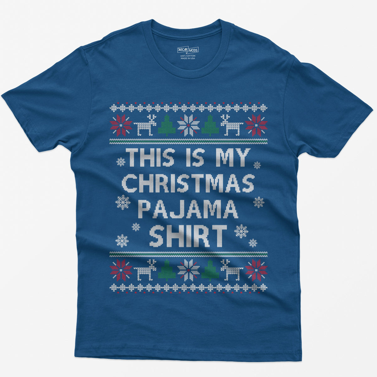 Royal t-shirt with This Is My Christmas Pajama Shirt in knit-style lettering inside reindeer, tree and snowflake borders
