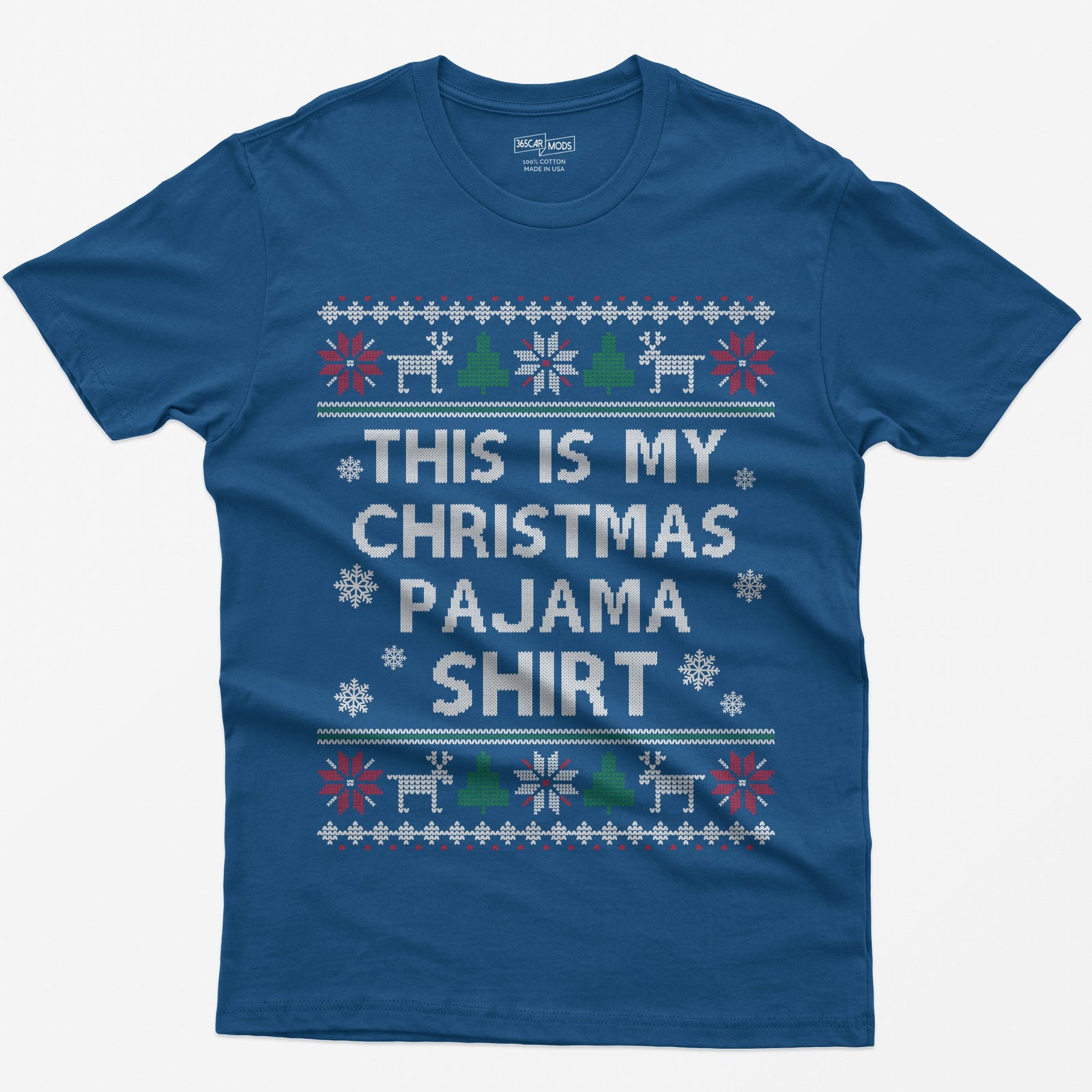 Royal t-shirt with This Is My Christmas Pajama Shirt in knit-style lettering inside reindeer, tree and snowflake borders