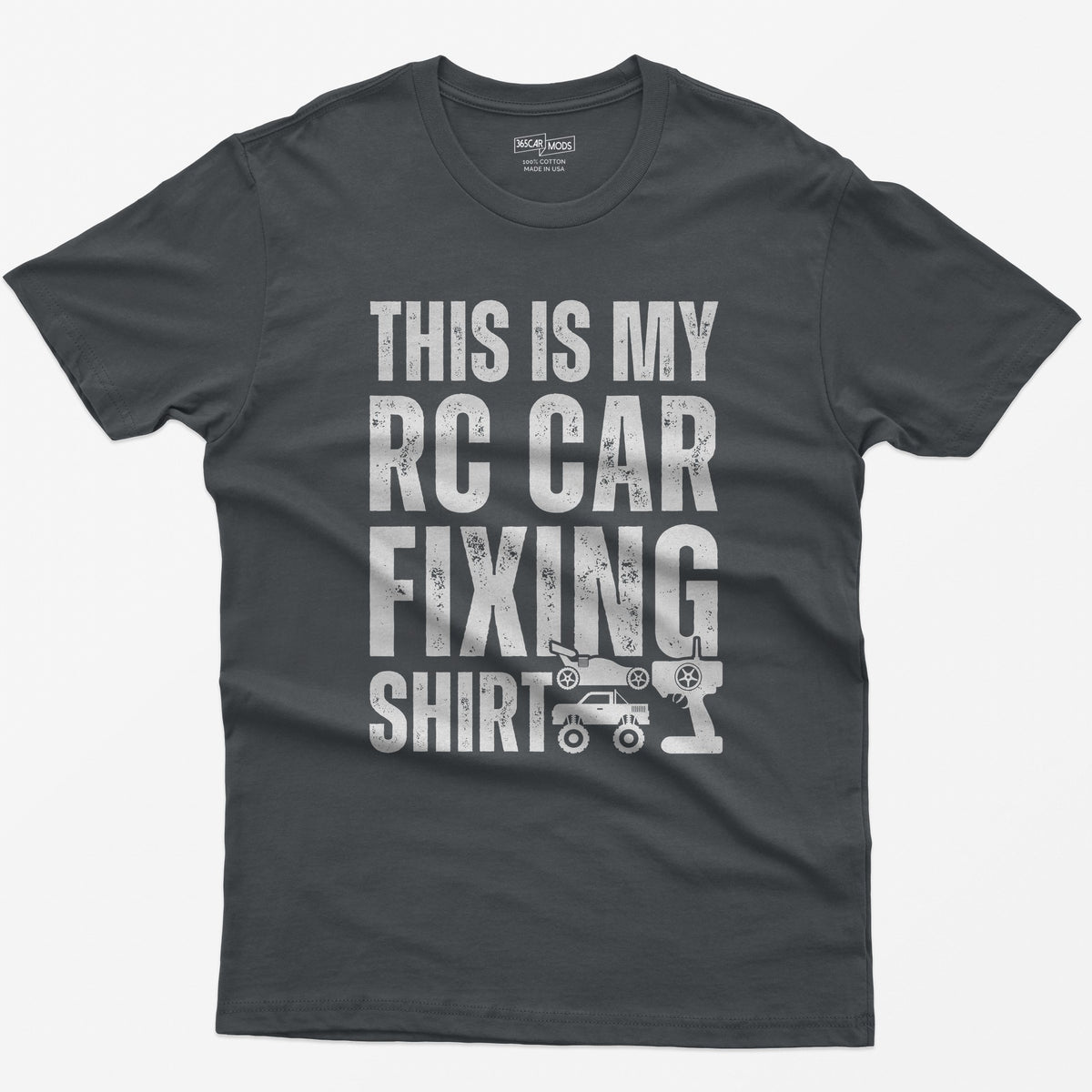 Charcoal t-shirt with This Is My RC Car Fixing Shirt in distressed capitals plus RC buggy, monster truck and transmitter icons