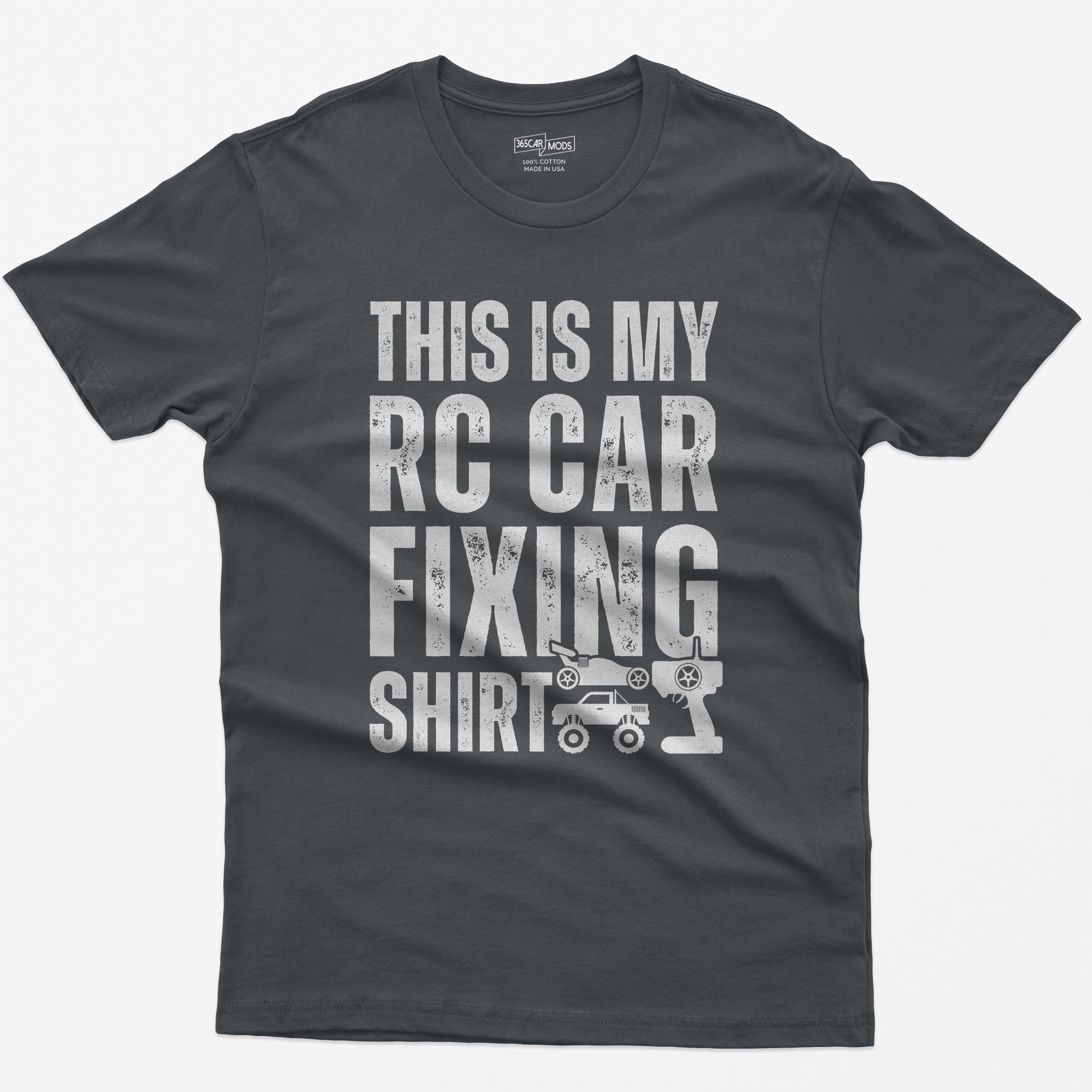 Charcoal t-shirt with This Is My RC Car Fixing Shirt in distressed capitals plus RC buggy, monster truck and transmitter icons