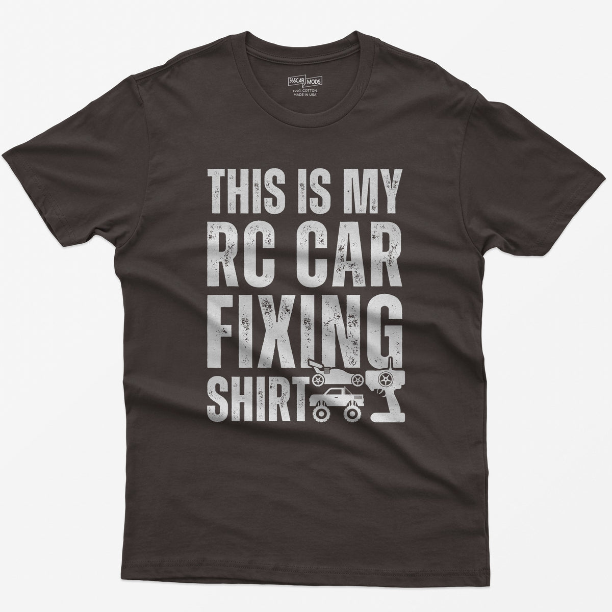 Dark Chocolate t-shirt with This Is My RC Car Fixing Shirt in distressed capitals plus RC buggy, monster truck and transmitter icons