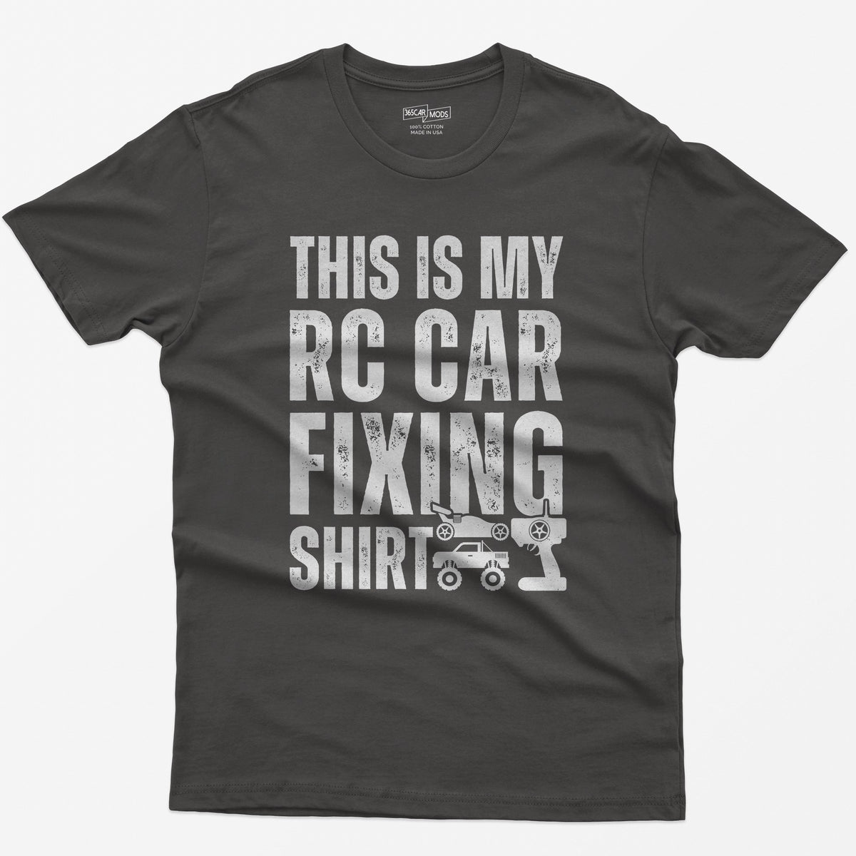 Dark Heather t-shirt with This Is My RC Car Fixing Shirt in distressed capitals plus RC buggy, monster truck and transmitter icons