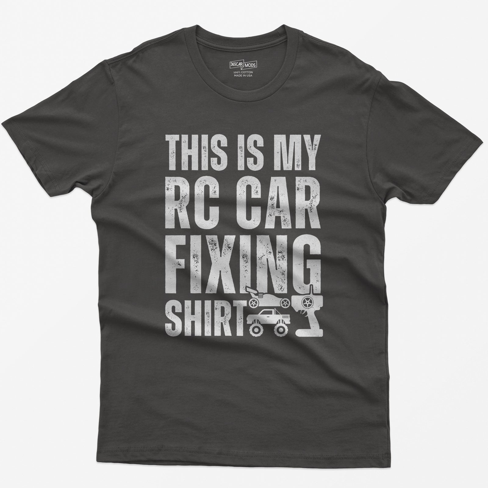 Dark Heather t-shirt with This Is My RC Car Fixing Shirt in distressed capitals plus RC buggy, monster truck and transmitter icons
