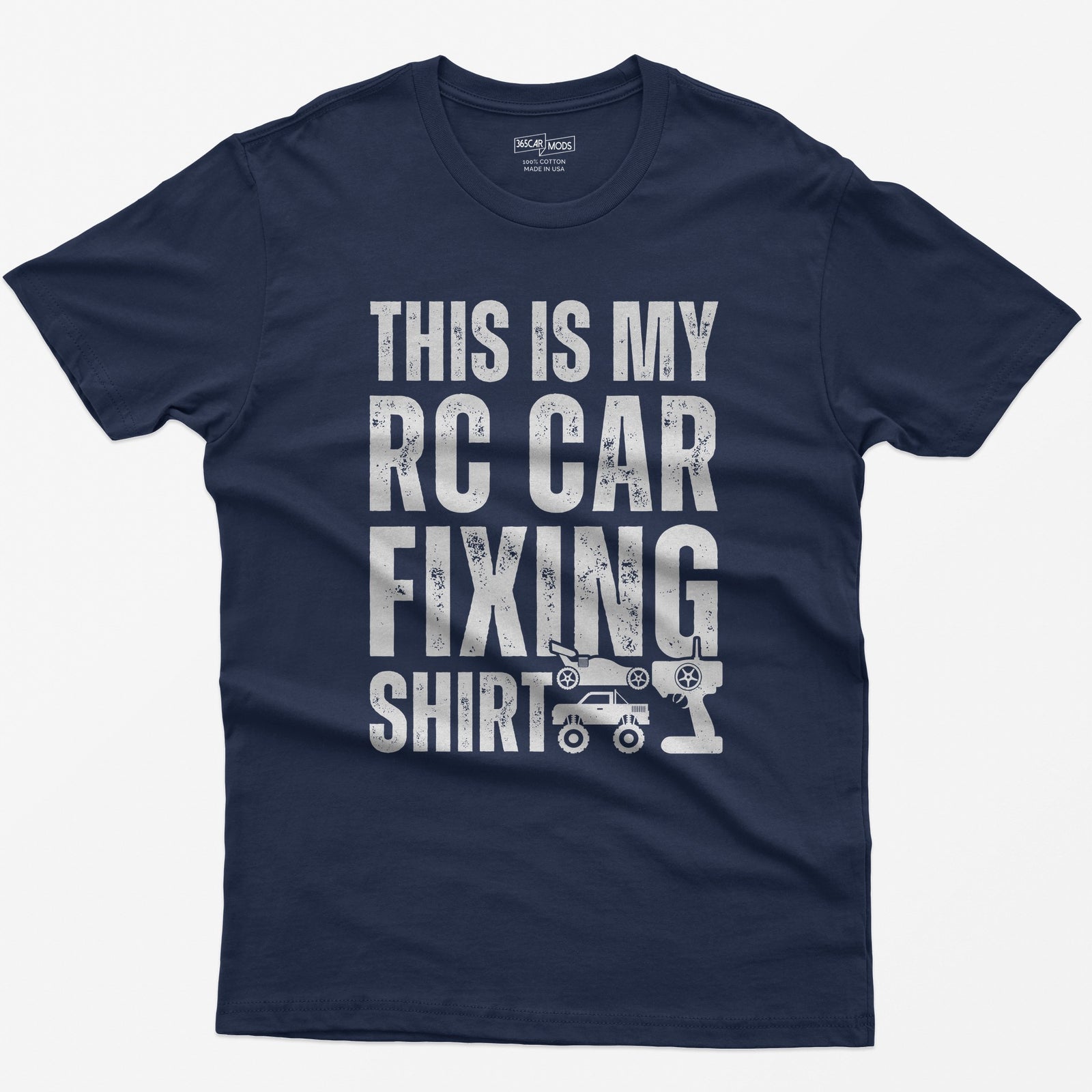 Navy t-shirt with This Is My RC Car Fixing Shirt in distressed capitals plus RC buggy, monster truck and transmitter icons