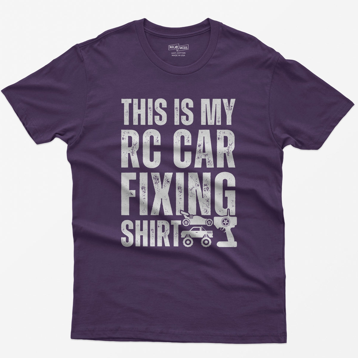 Purple t-shirt with This Is My RC Car Fixing Shirt in distressed capitals plus RC buggy, monster truck and transmitter icons