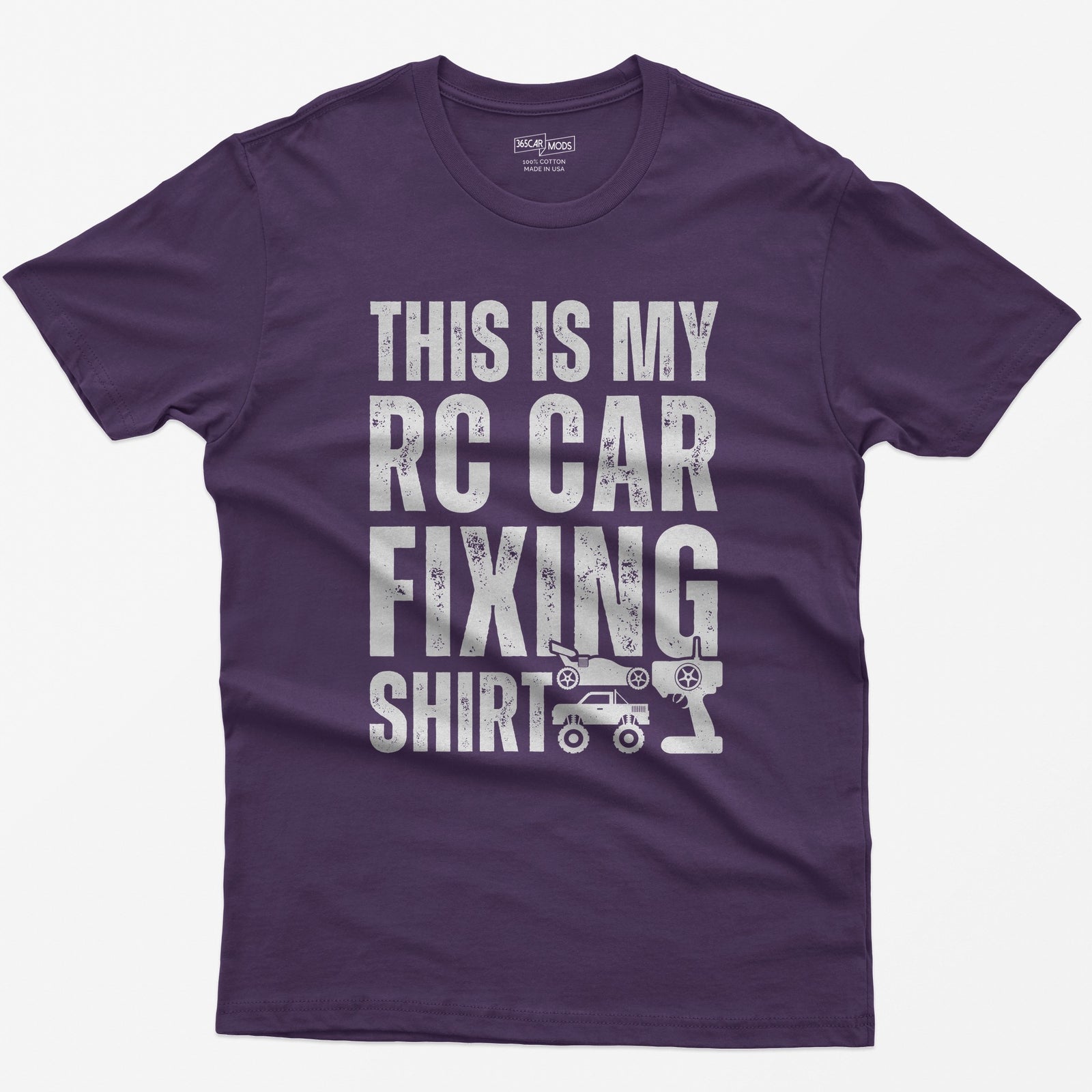 Purple t-shirt with This Is My RC Car Fixing Shirt in distressed capitals plus RC buggy, monster truck and transmitter icons