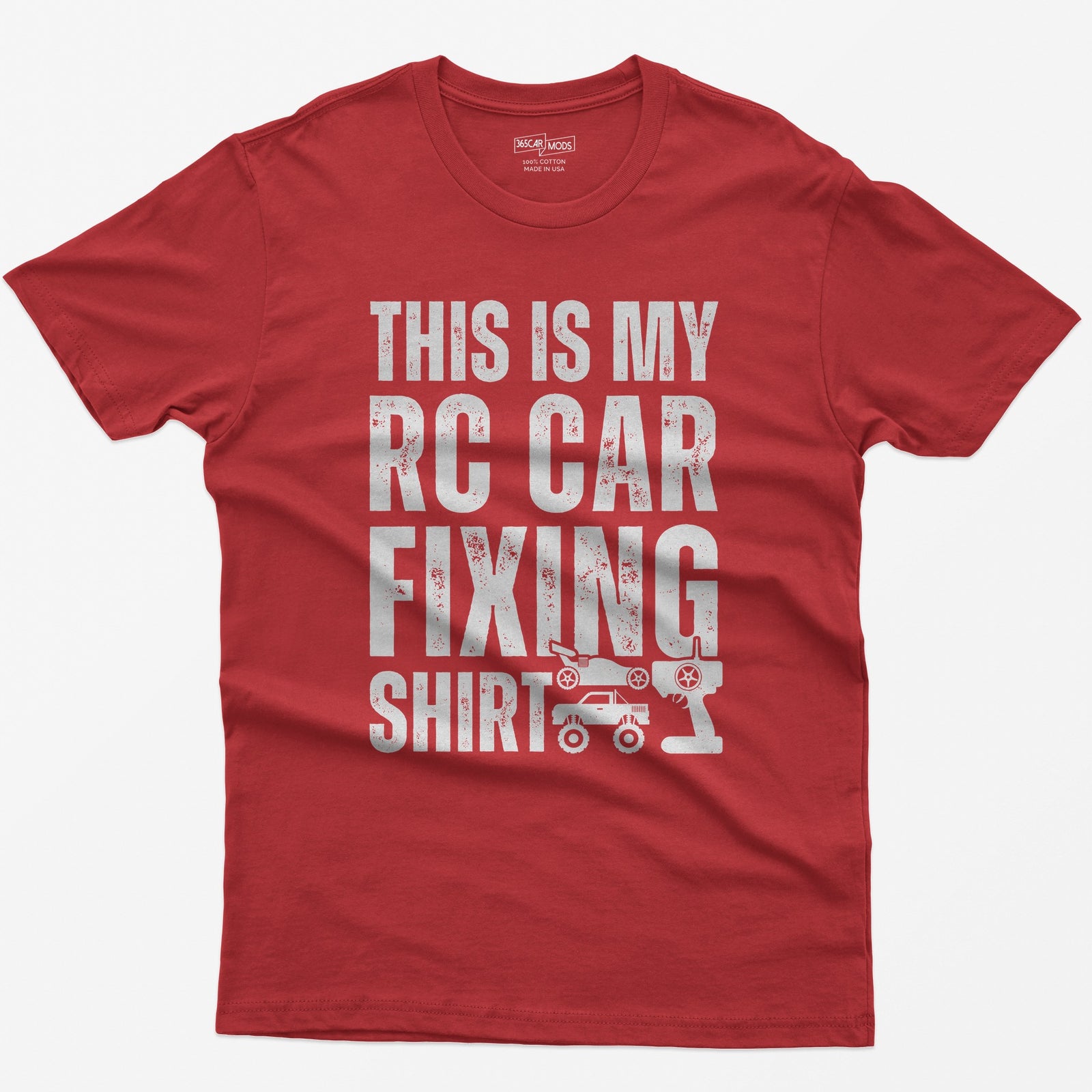 Red t-shirt with This Is My RC Car Fixing Shirt in distressed capitals plus RC buggy, monster truck and transmitter icons