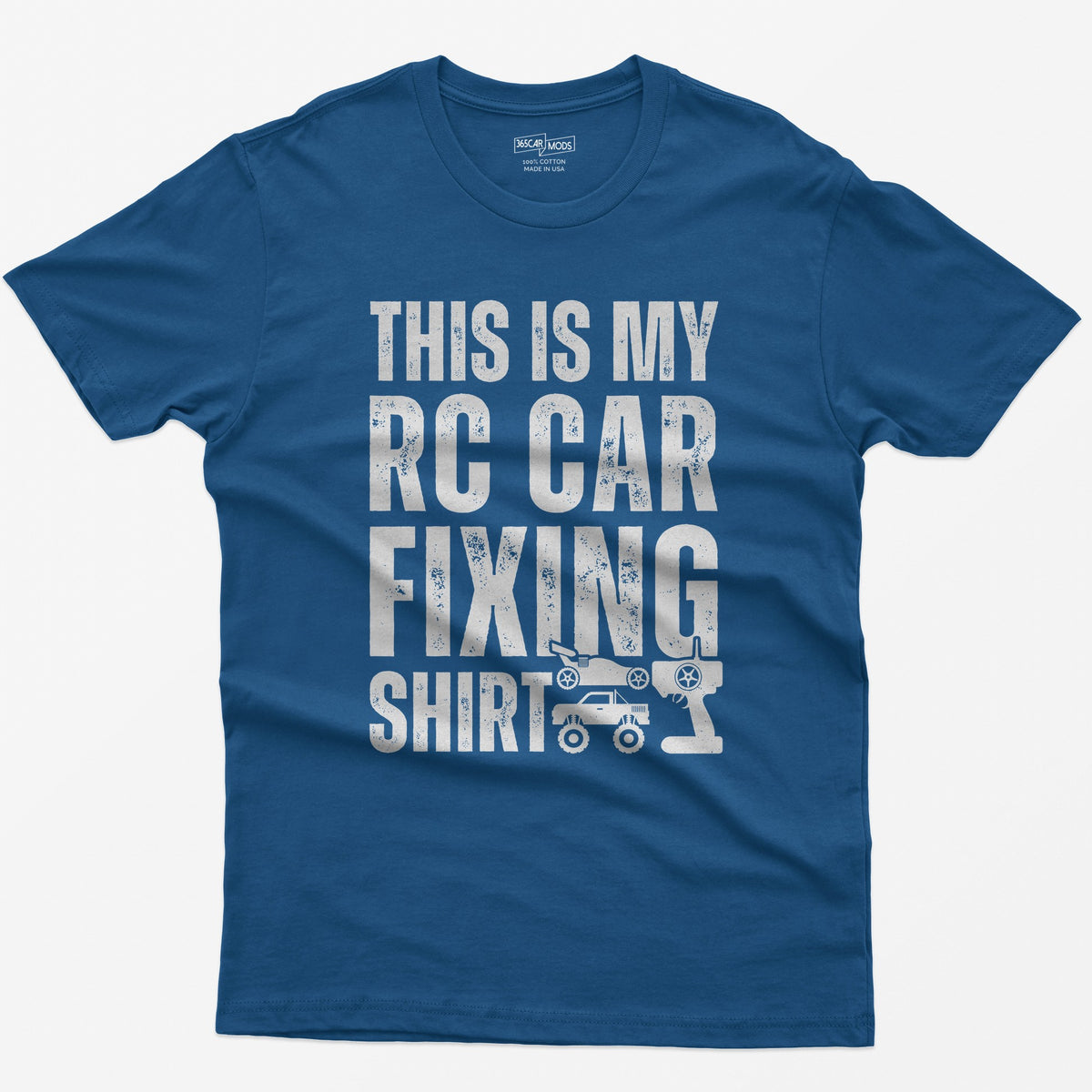 Royal t-shirt with This Is My RC Car Fixing Shirt in distressed capitals plus RC buggy, monster truck and transmitter icons