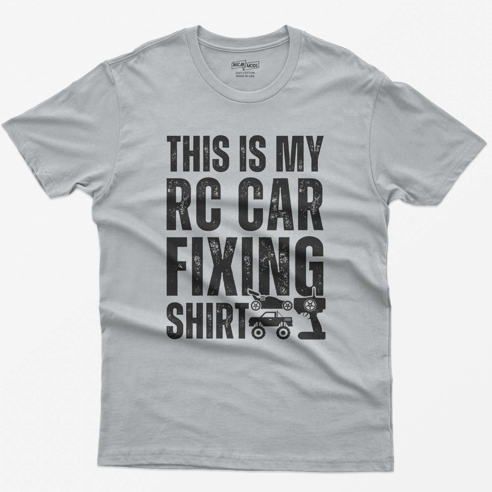 Sport Grey t-shirt with This Is My RC Car Fixing Shirt in distressed capitals plus RC buggy, monster truck and transmitter icons