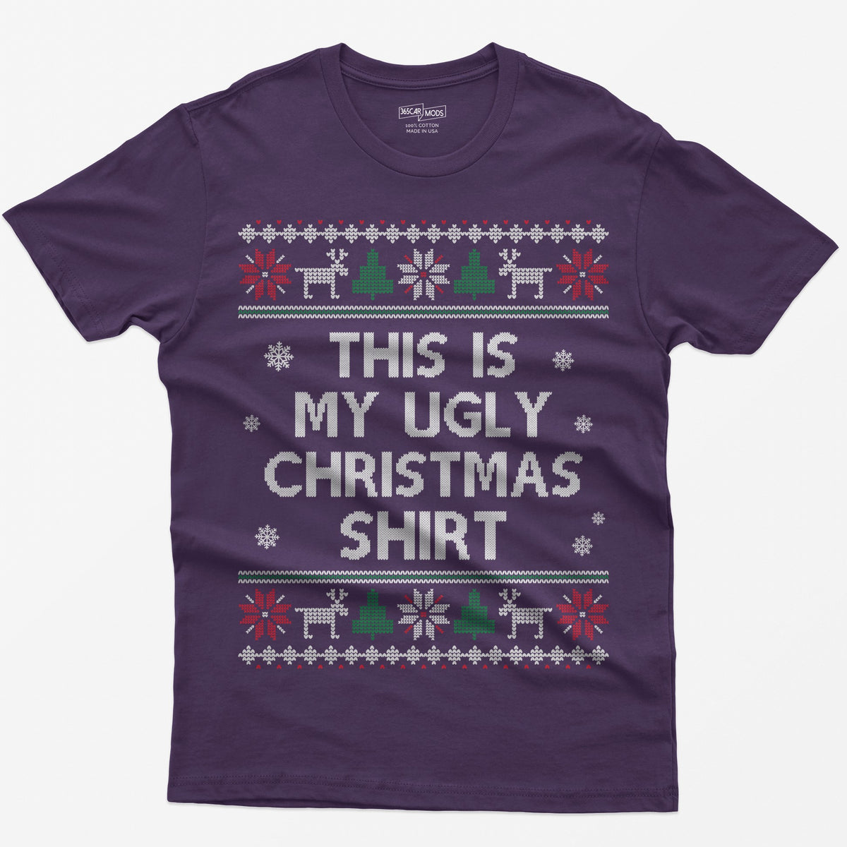 Purple t-shirt with This Is My Ugly Christmas Shirt in knit style letters framed by reindeer and snowflake sweater bands