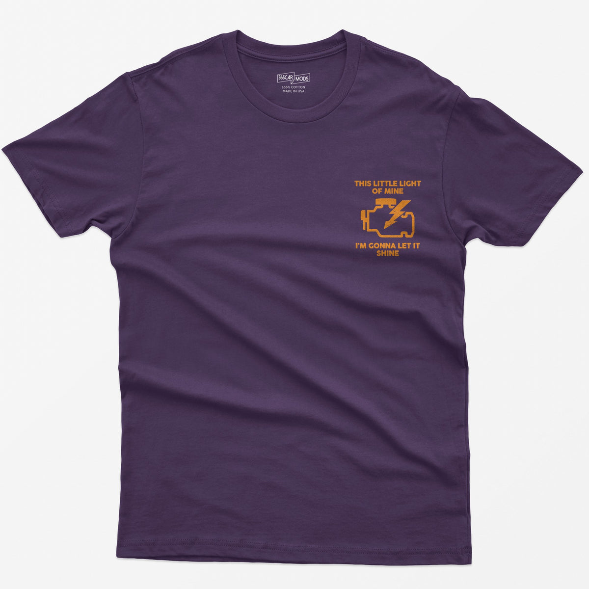 Purple t-shirt with orange check engine light icon and text This Little Light of Mine, I'm Gonna Let It Shine
