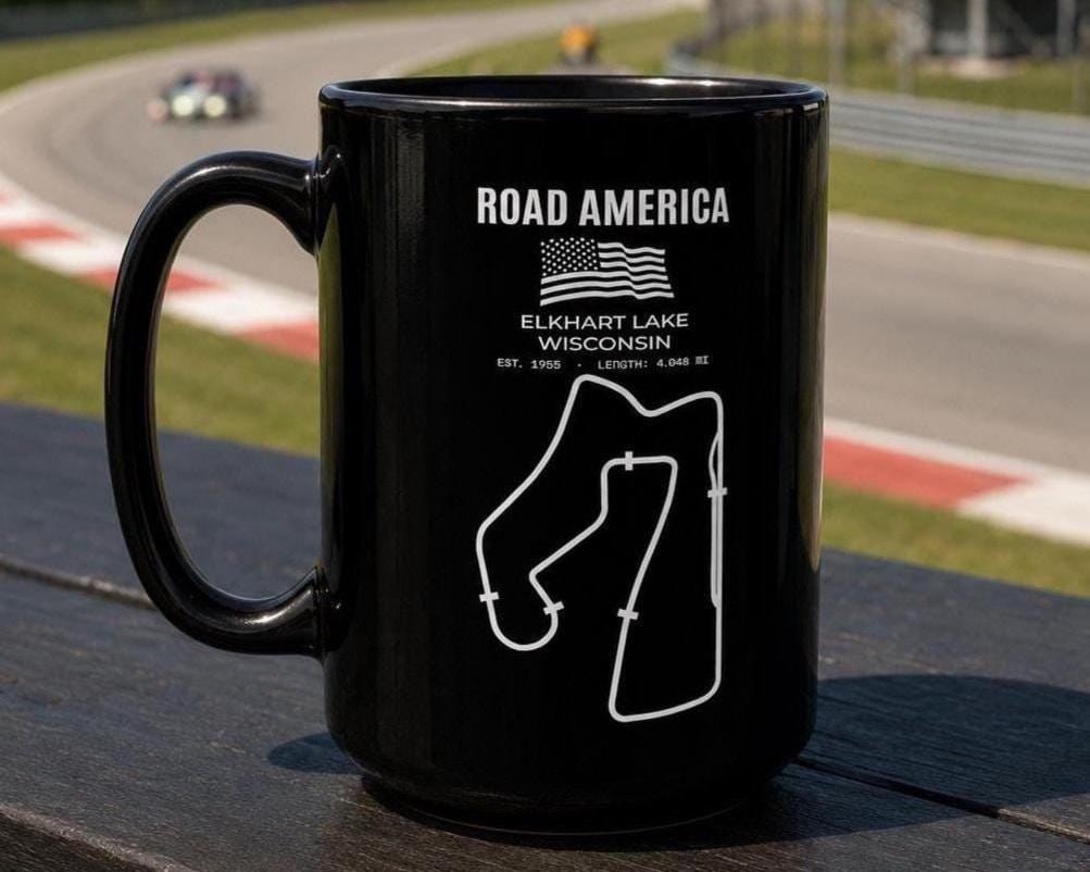 Road America Race Track Mug - 15oz black coffee mug, angled view