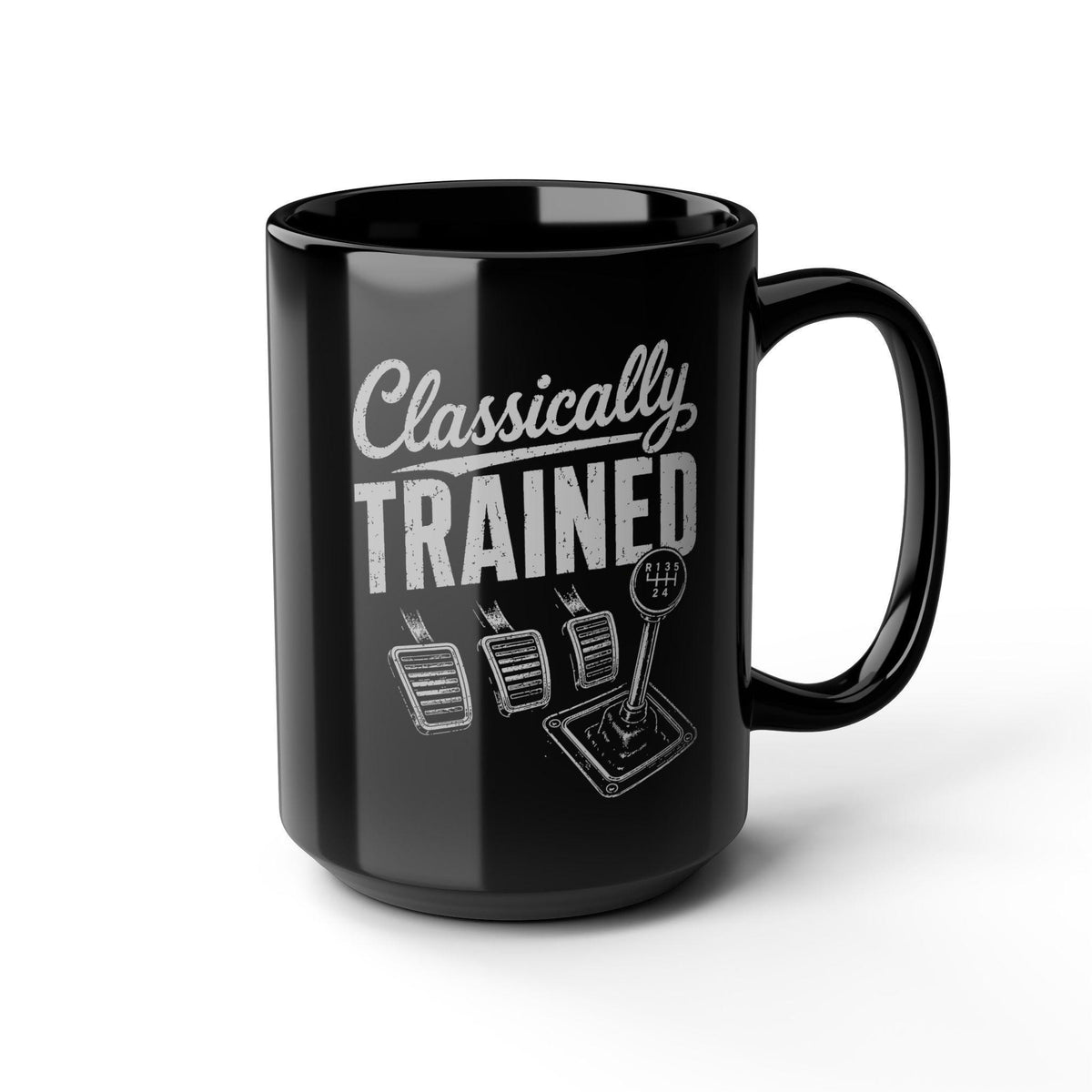 Classically Trained Manual Driver Mug - 15oz black coffee mug, angled view