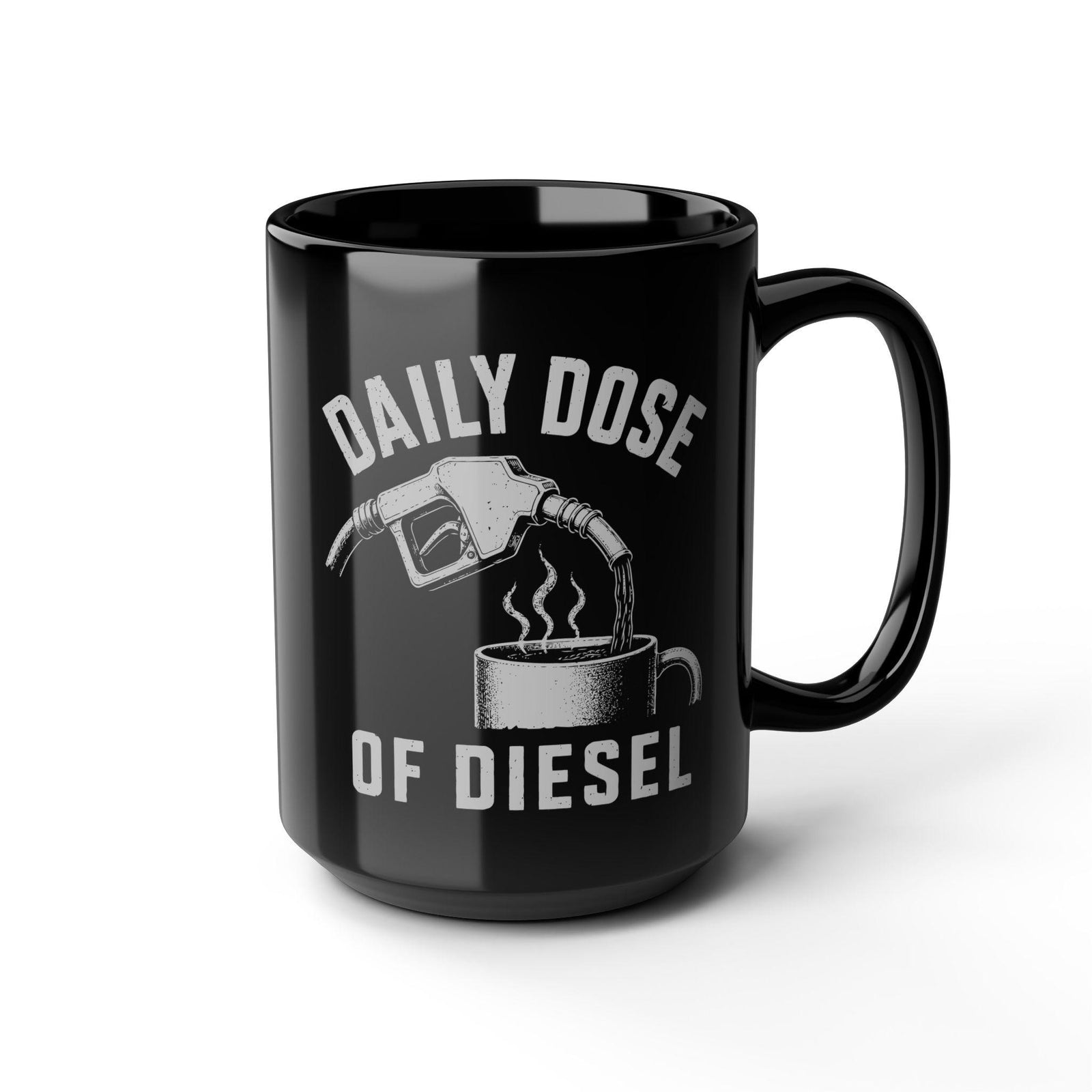 Daily Dose of Diesel Mug - 15oz black coffee mug, angled view