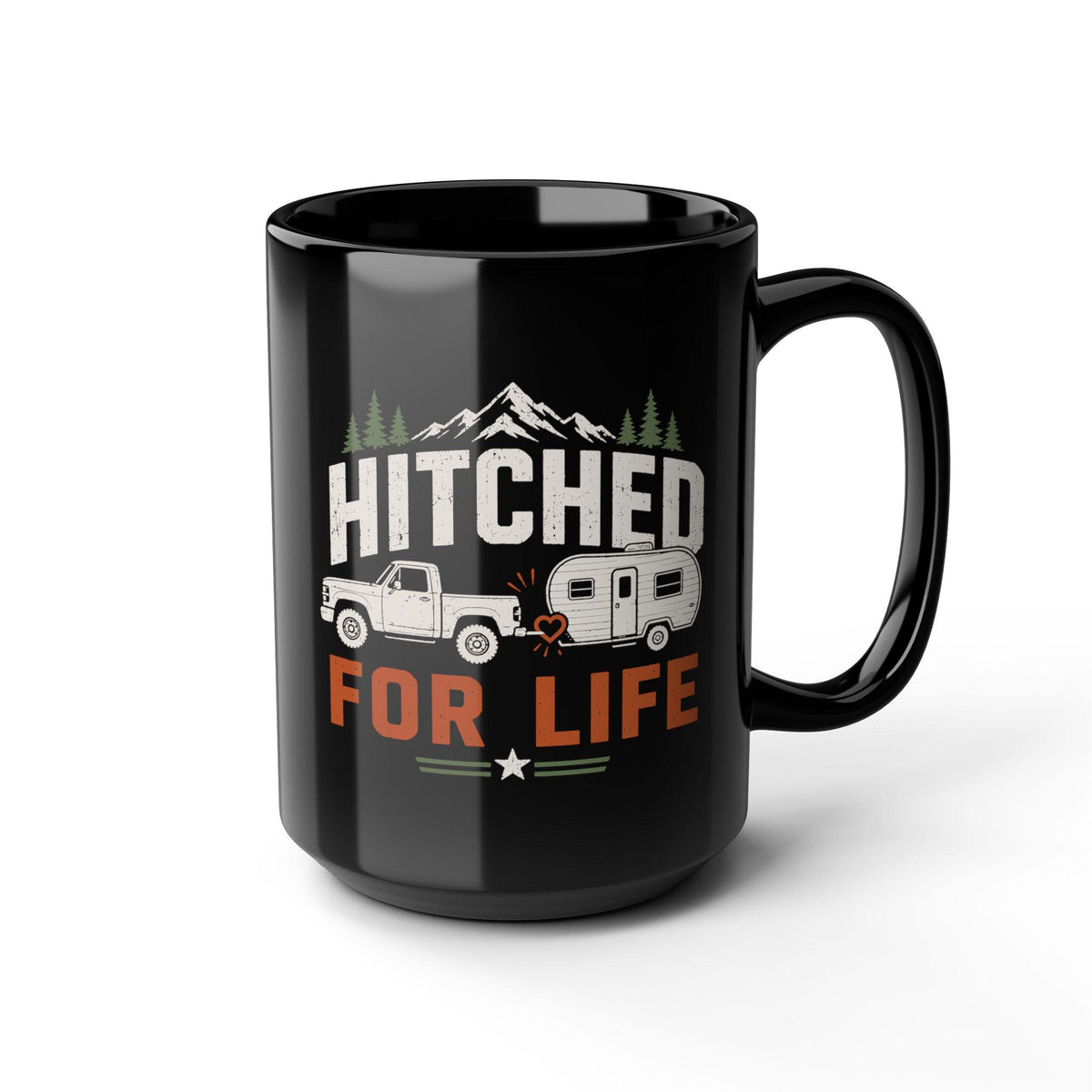 Hitched for Life Mug - 15oz black coffee mug, angled view