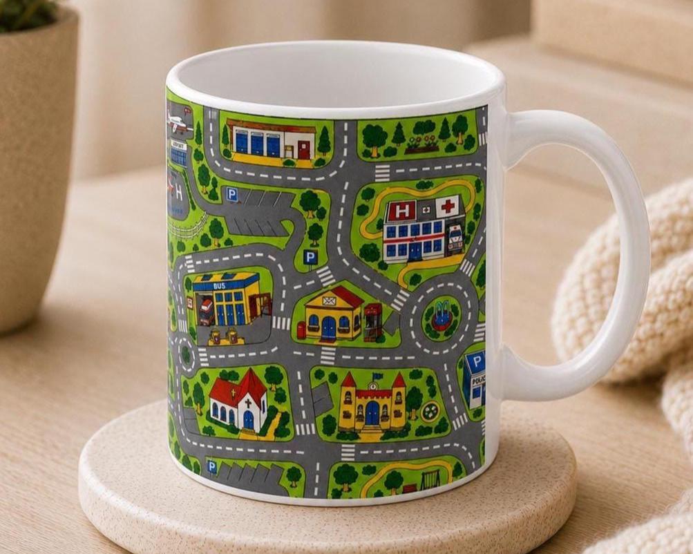 Retro 90s Road Play Carpet Mug - 11oz white coffee mug, handle on the left