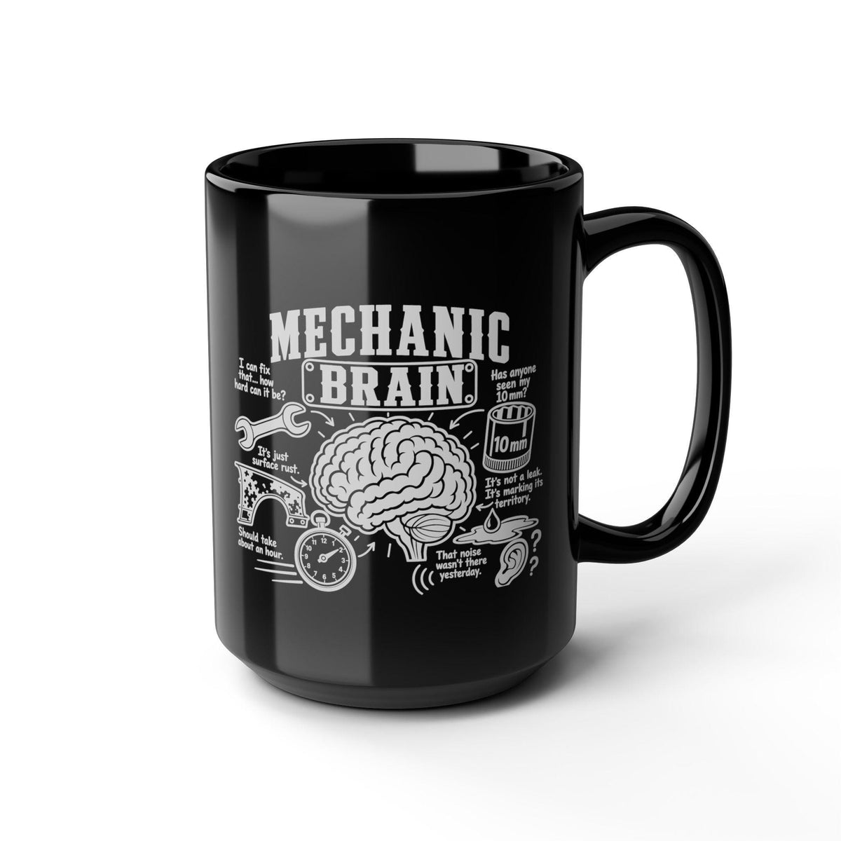 Mechanic Brain Coffee Mug - 15oz black coffee mug, angled view
