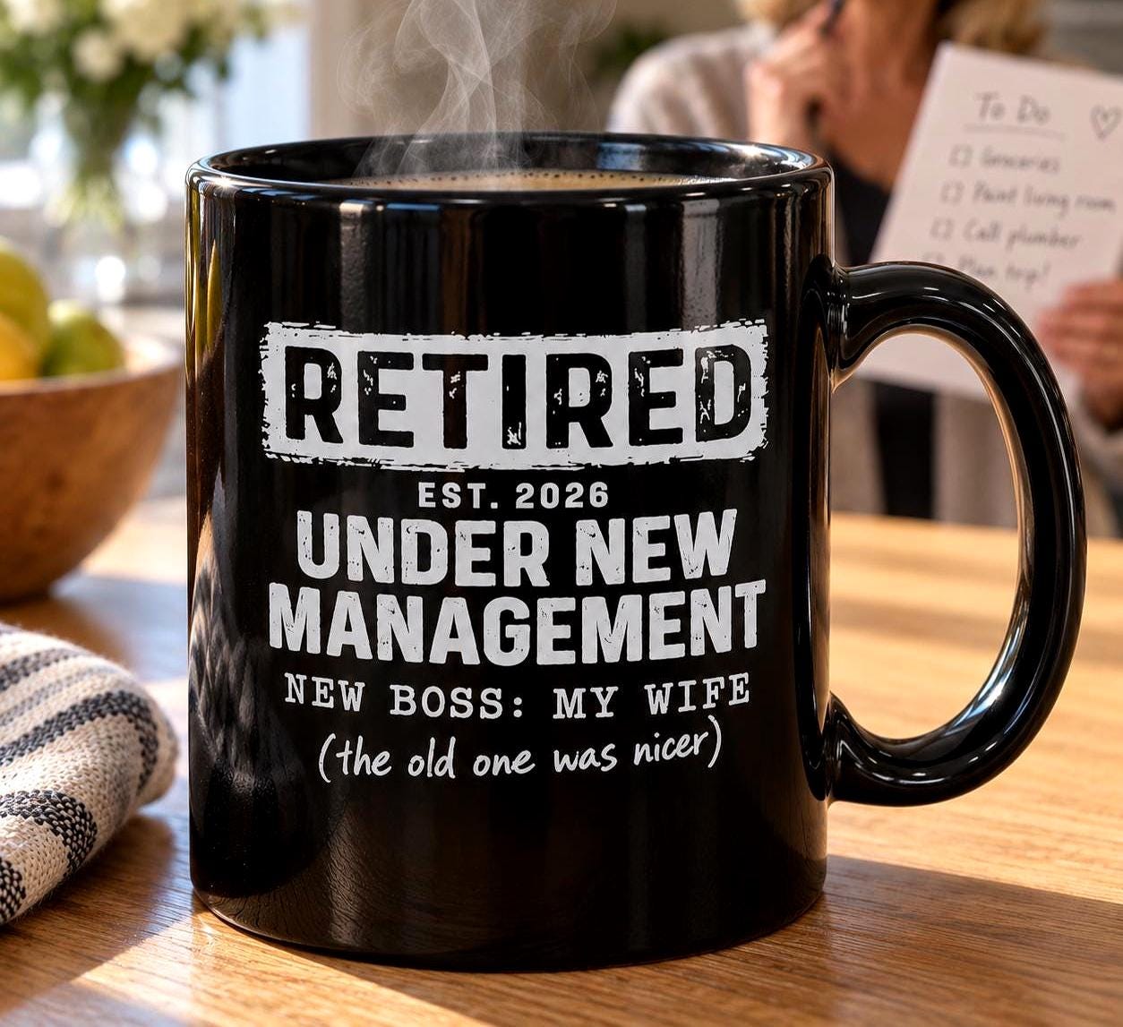Retired Under New Management Coffee Mug - 15oz black coffee mug, angled view