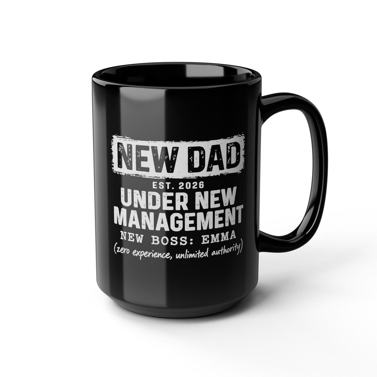 New Dad Under New Management Coffee Mug - 15oz black coffee mug, angled view
