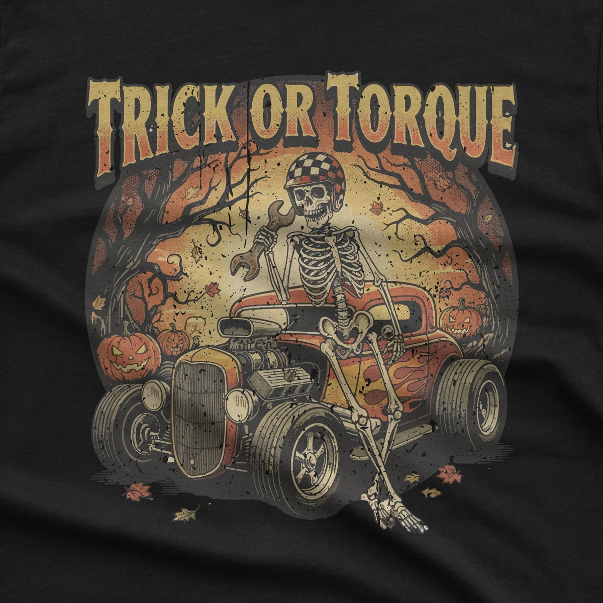 Trick or Torque Mechanic Skeleton T-Shirt design close-up