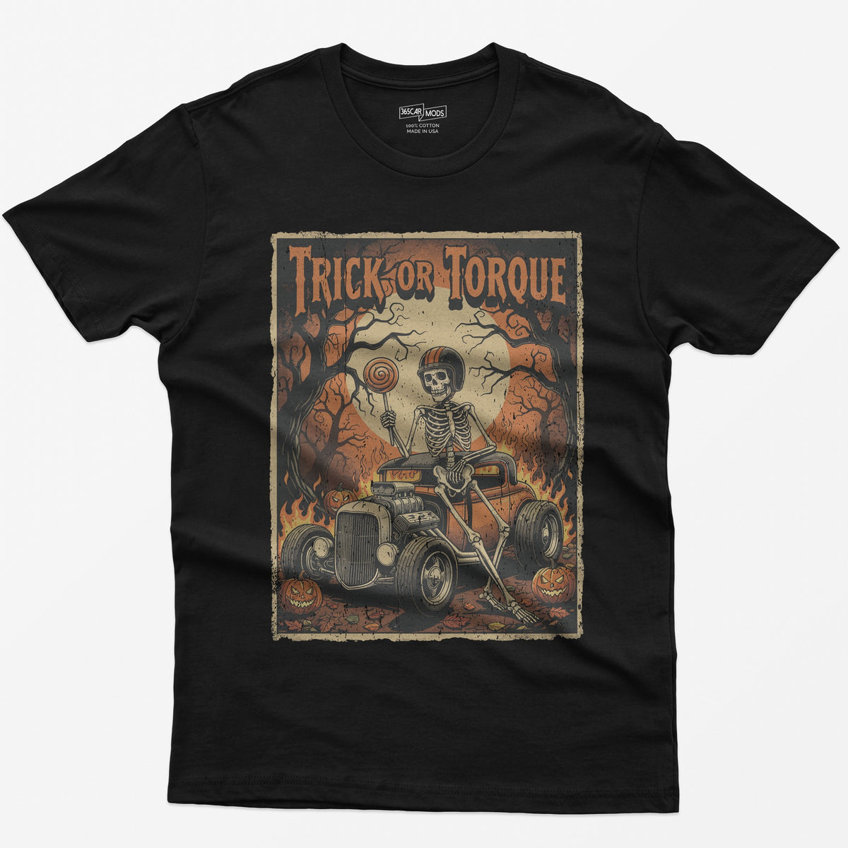 Trick or Torque Skeleton Hot Rod Halloween T-Shirt