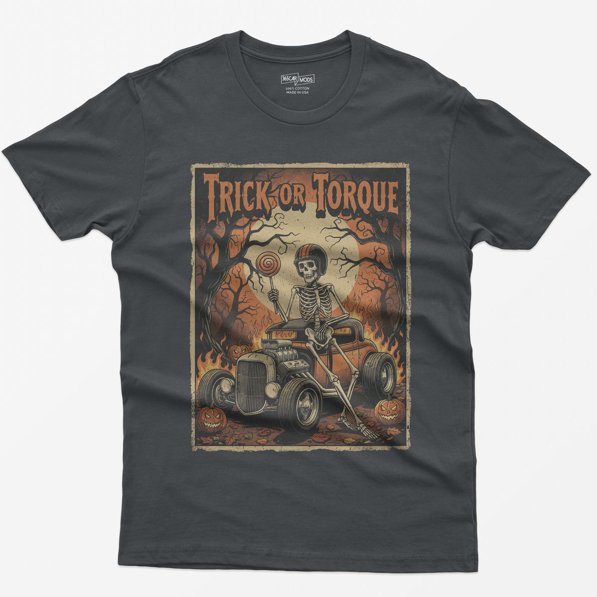 Trick or Torque Skeleton Hot Rod Halloween T-Shirt - Charcoal