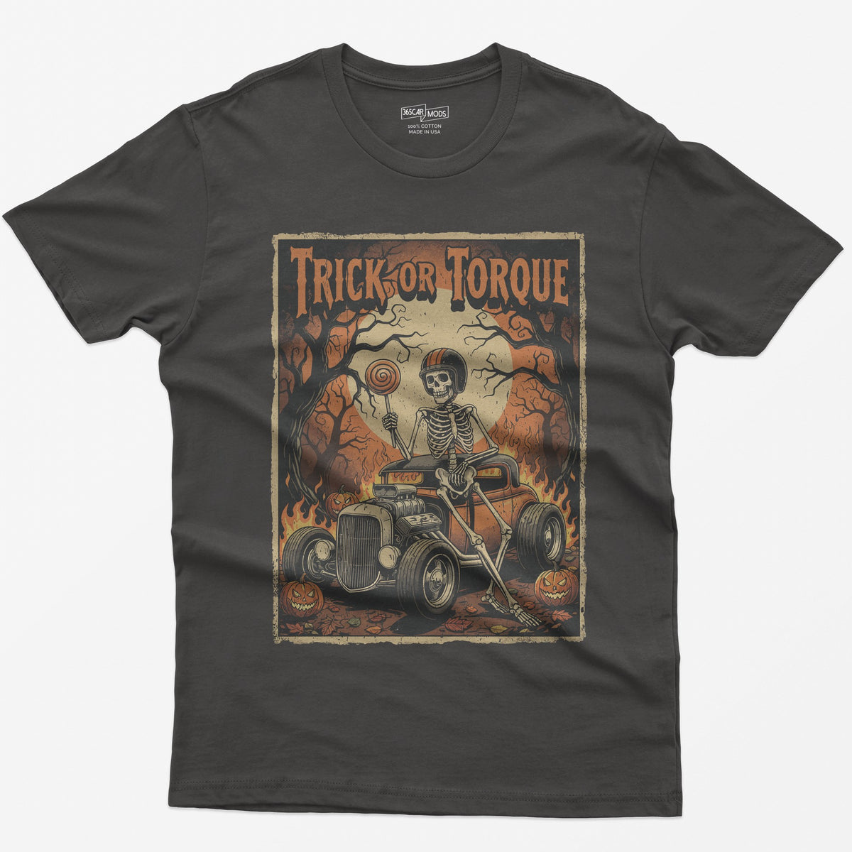Trick or Torque Skeleton Hot Rod Halloween T-Shirt - Dark Heather