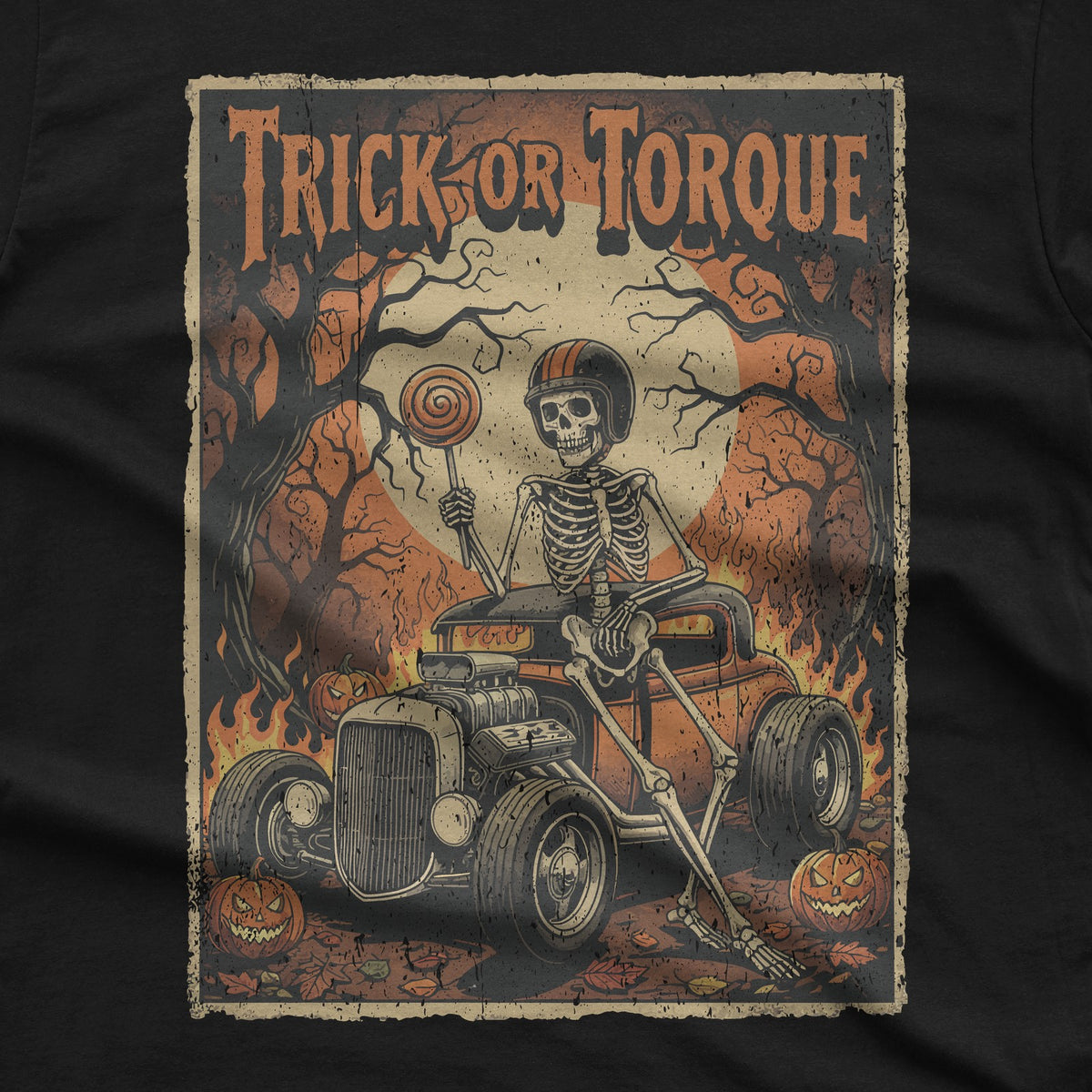 Trick or Torque Skeleton Hot Rod Halloween T-Shirt design close-up