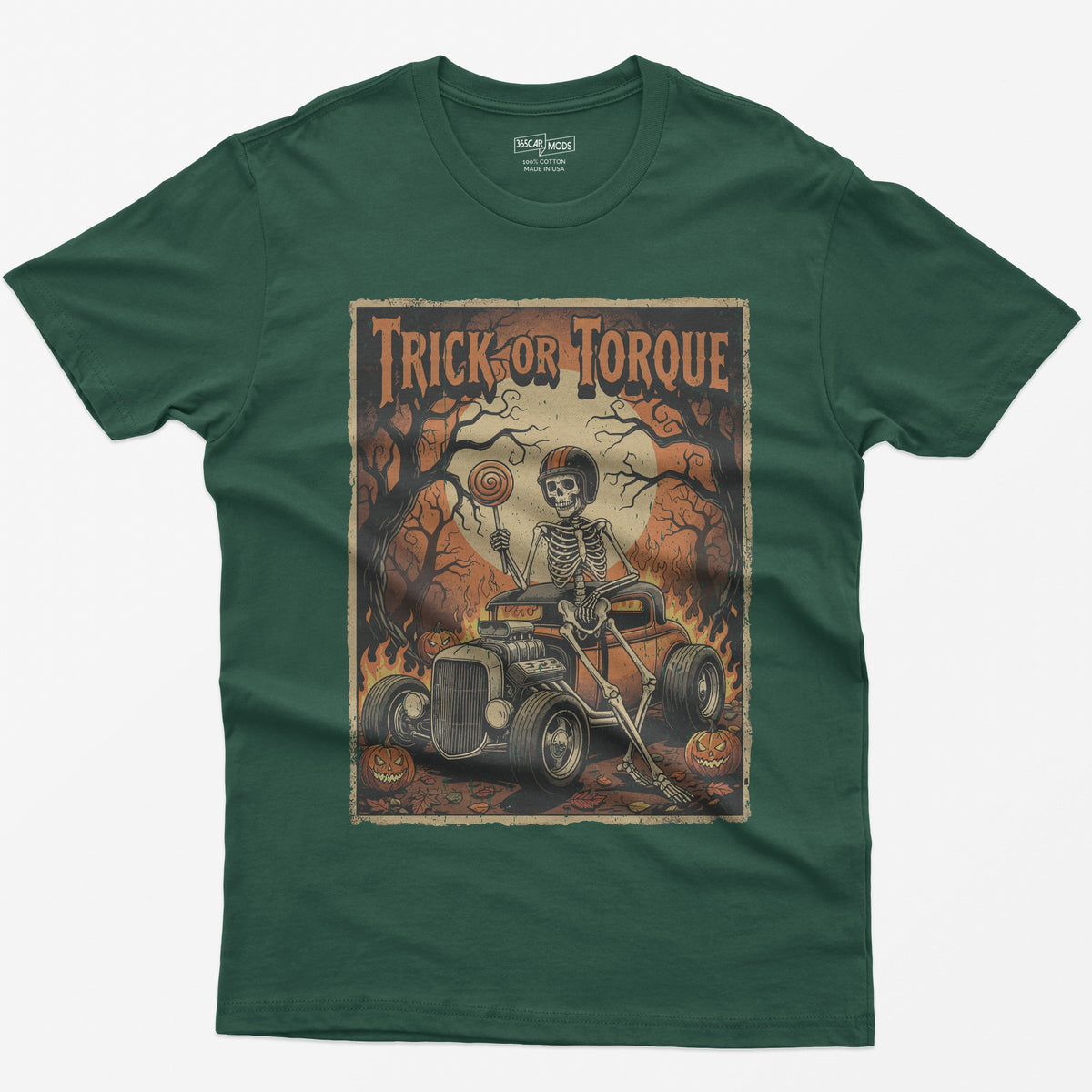 Trick or Torque Skeleton Hot Rod Halloween T-Shirt - Forest Green