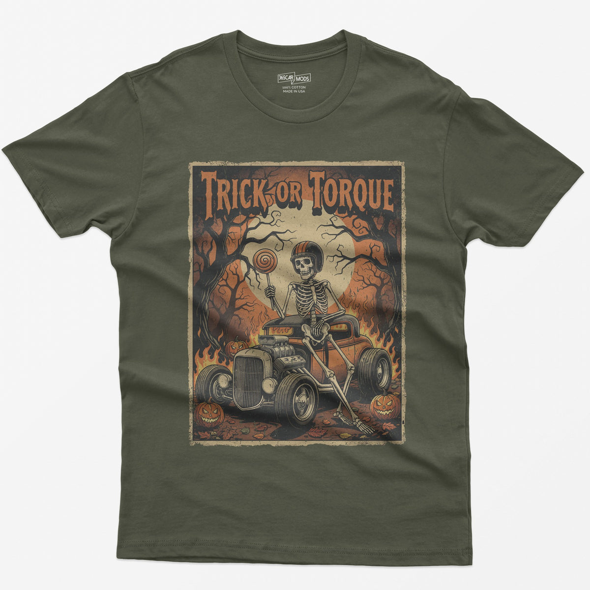 Trick or Torque Skeleton Hot Rod Halloween T-Shirt - Military Green