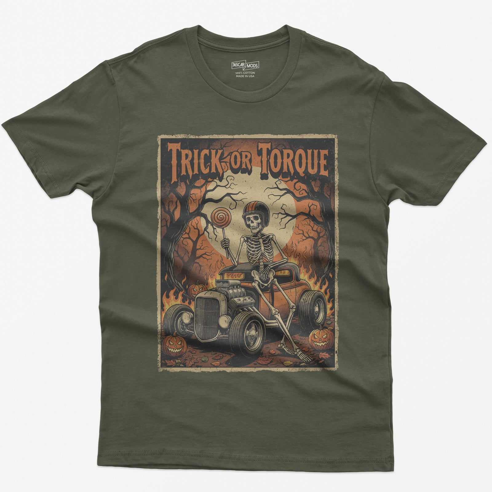 Trick or Torque Skeleton Hot Rod Halloween T-Shirt - Military Green