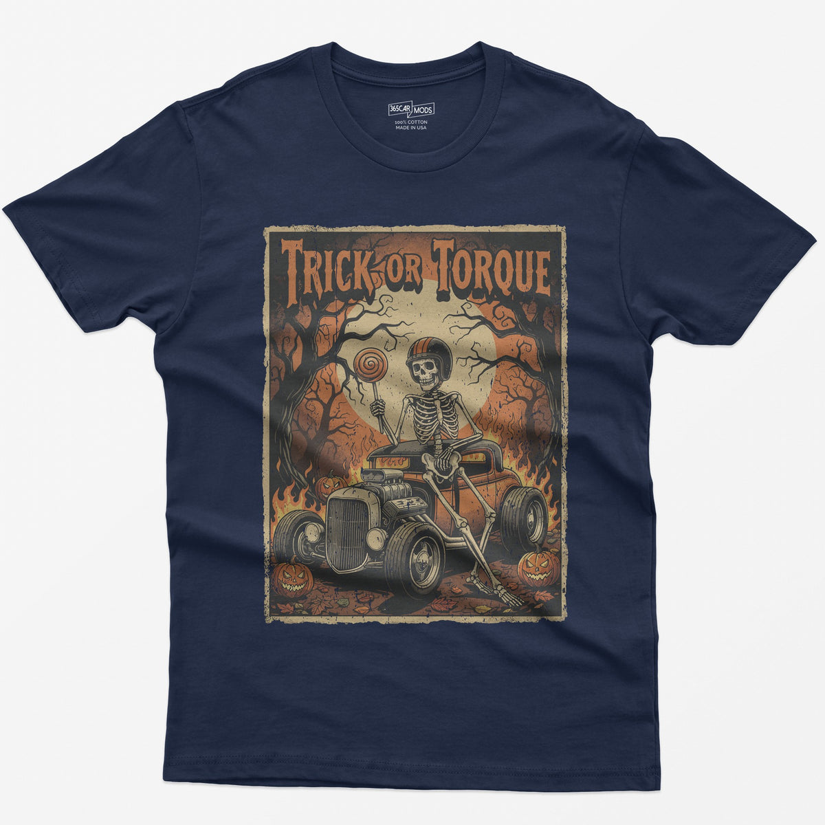 Trick or Torque Skeleton Hot Rod Halloween T-Shirt - Navy