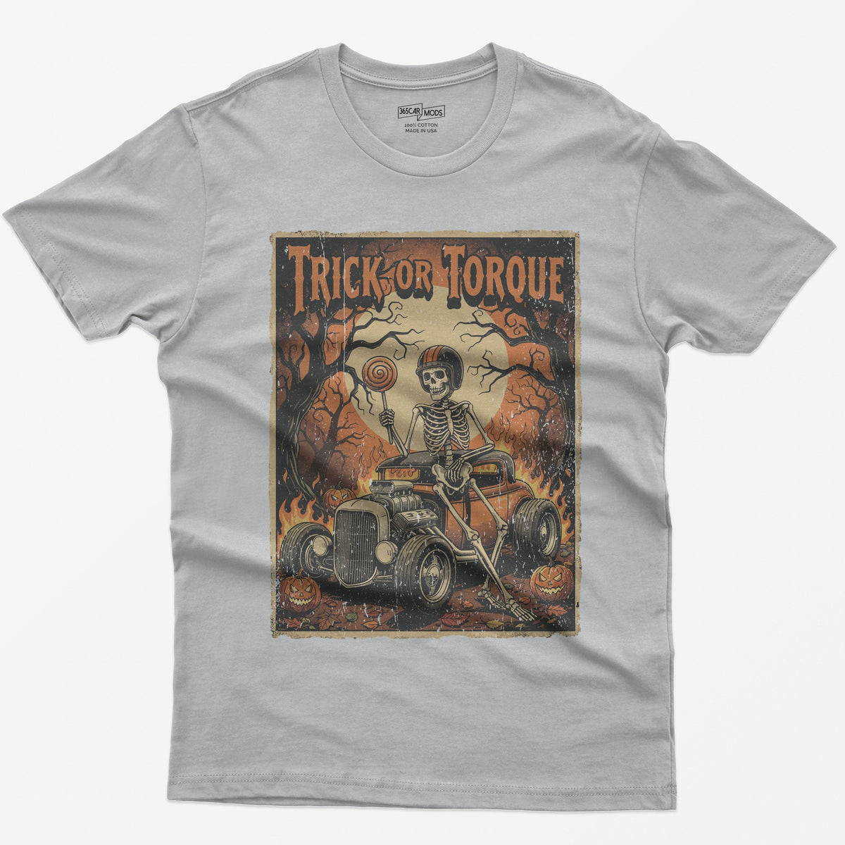 Trick or Torque Skeleton Hot Rod Halloween T-Shirt - Sport Grey