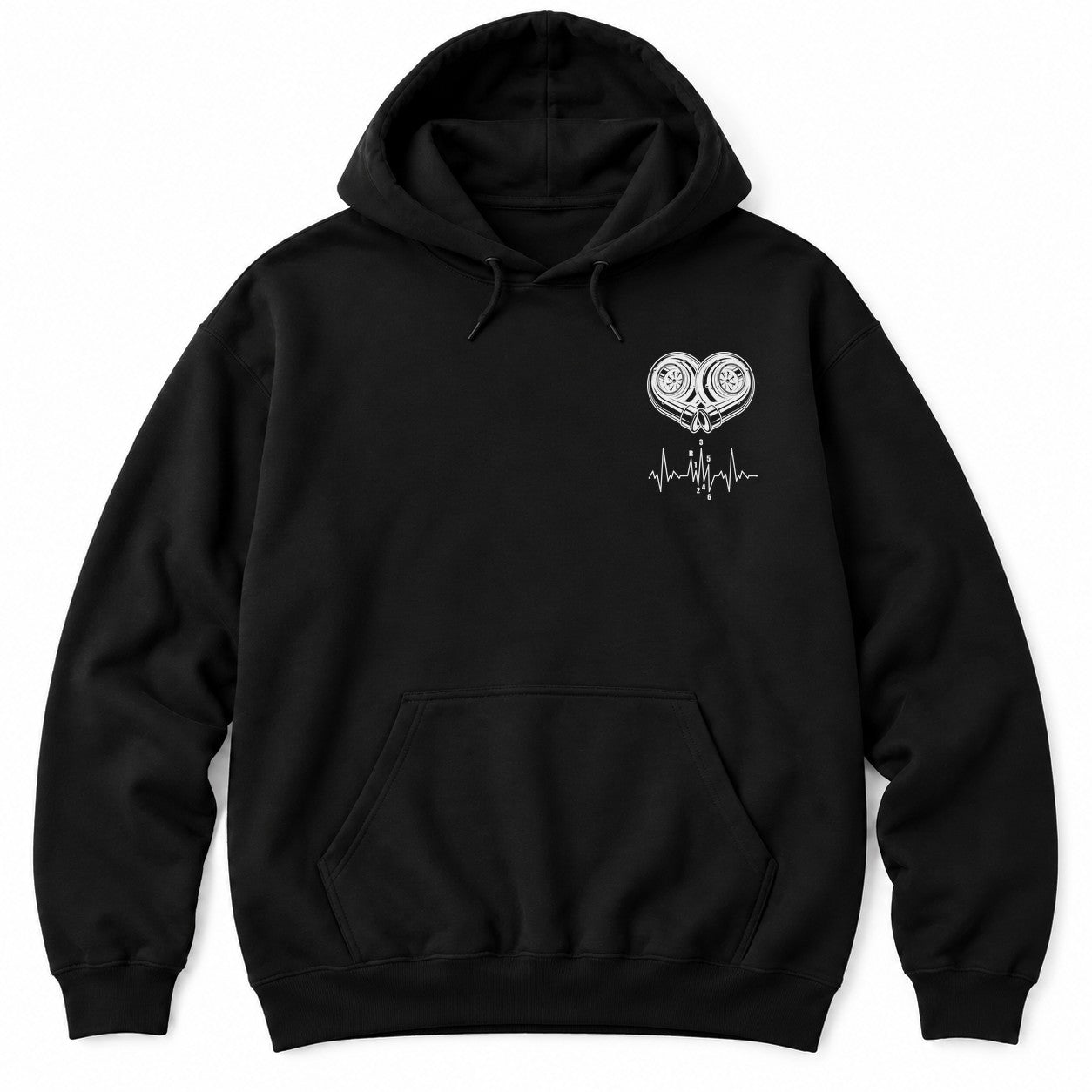 Black hoodie with white line art of two turbochargers forming a heart above a heartbeat line with a shift pattern