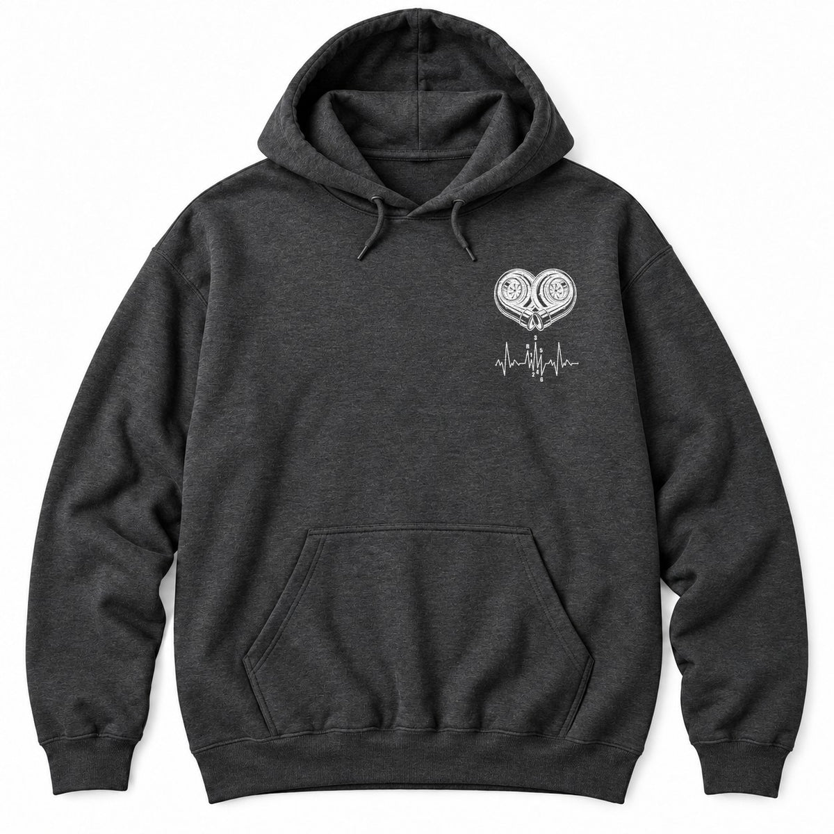 Dark Heather hoodie with white line art of two turbochargers forming a heart above a heartbeat line with a shift pattern