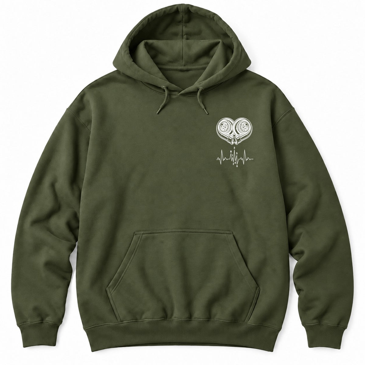 Military Green hoodie with white line art of two turbochargers forming a heart above a heartbeat line with a shift pattern