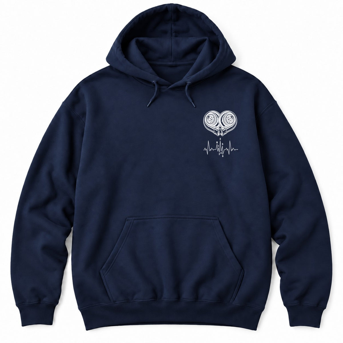 Navy hoodie with white line art of two turbochargers forming a heart above a heartbeat line with a shift pattern