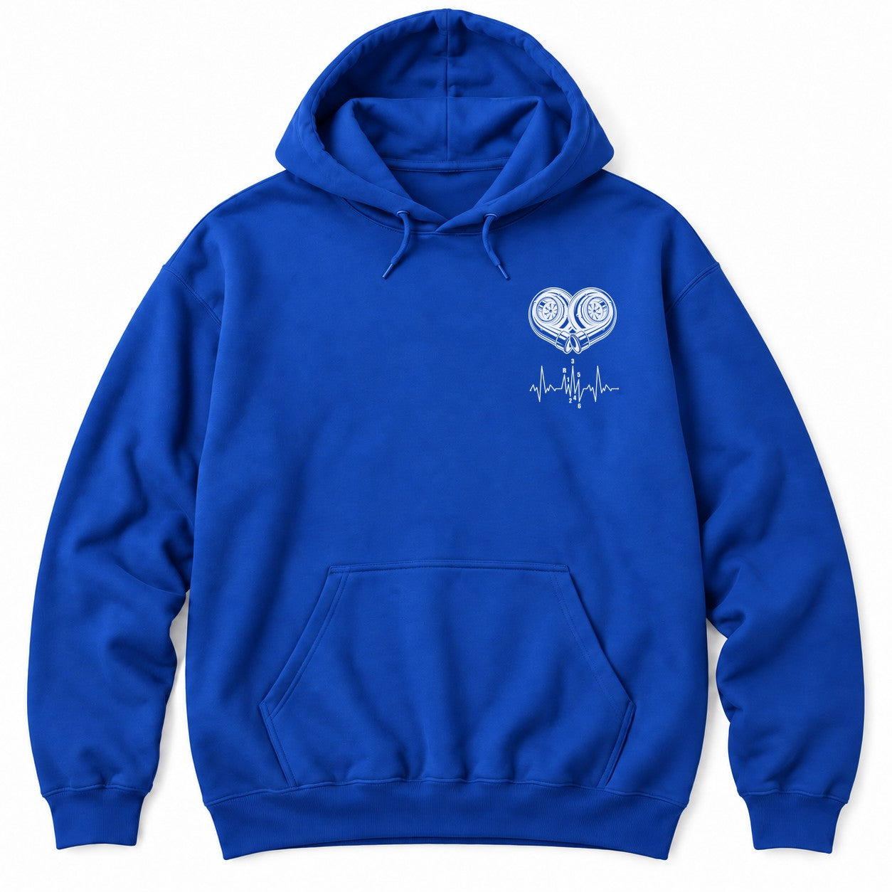 Royal hoodie with white line art of two turbochargers forming a heart above a heartbeat line with a shift pattern