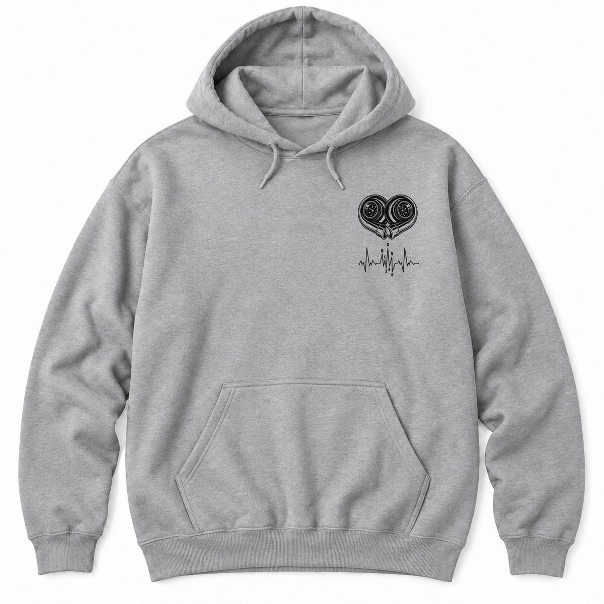 Sport Grey hoodie with white line art of two turbochargers forming a heart above a heartbeat line with a shift pattern