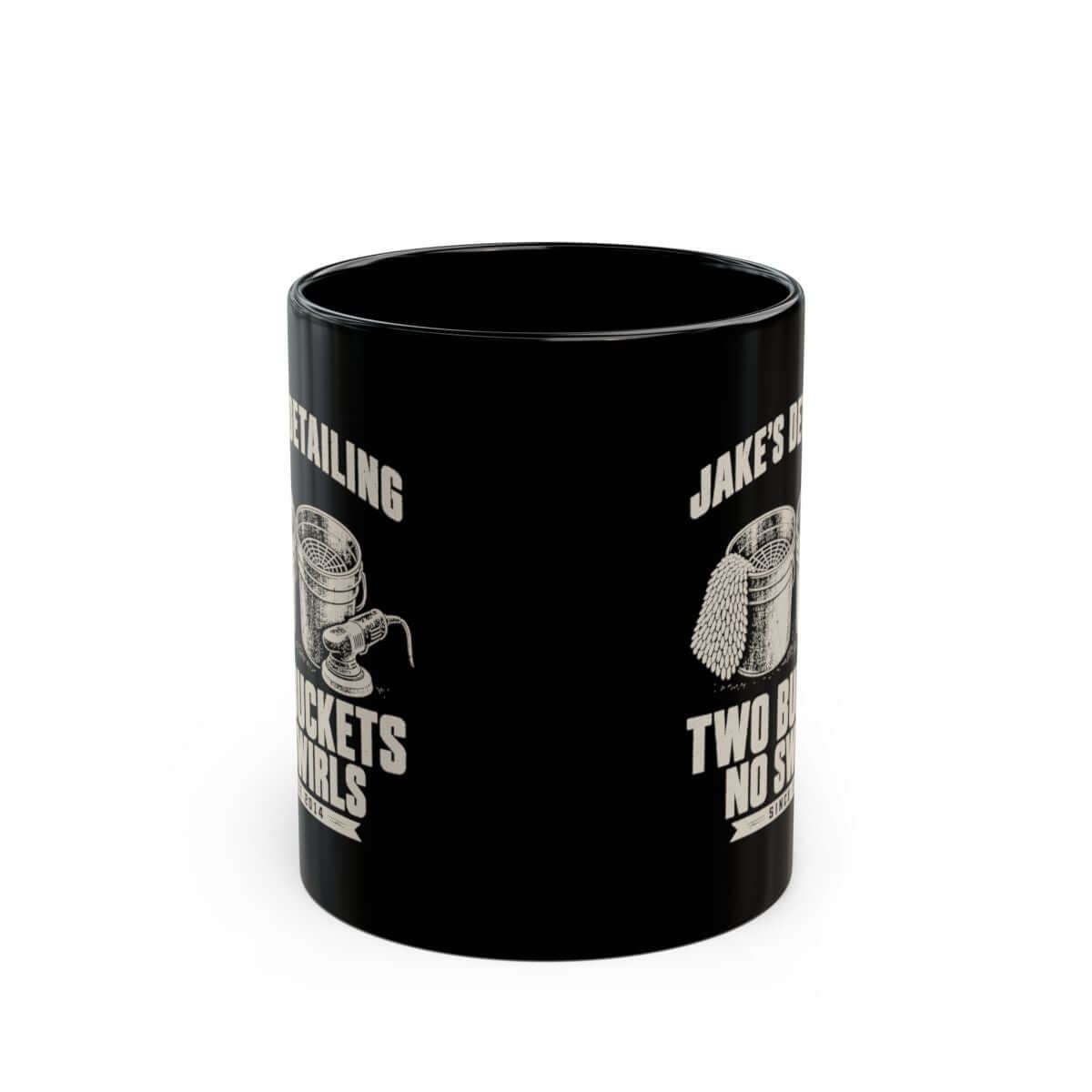 Two Buckets No Swirls Personalized Mug - 11oz black coffee mug, front view with print on both sides