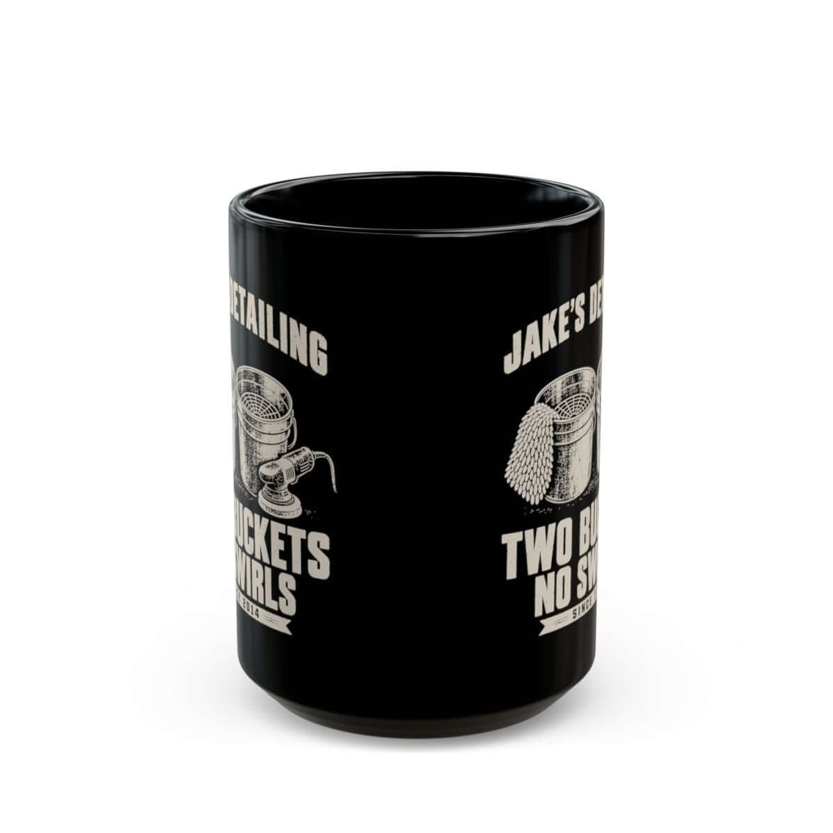 Two Buckets No Swirls Personalized Mug - 15oz black coffee mug, front view with print on both sides