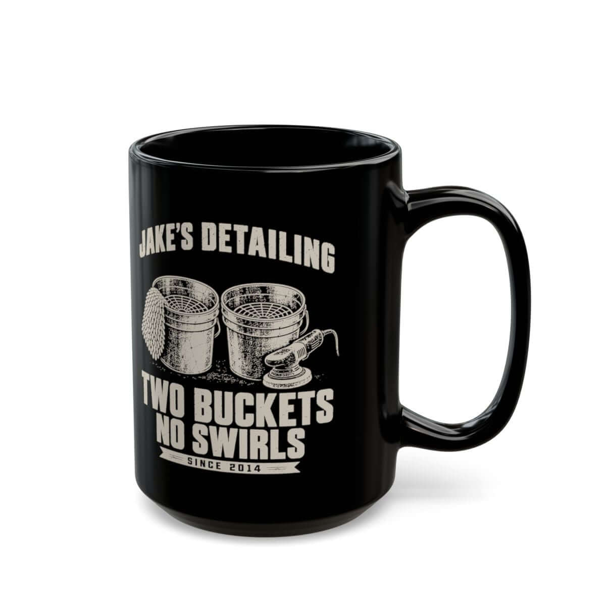 Two Buckets No Swirls Personalized Mug - 15oz black coffee mug, handle on the right
