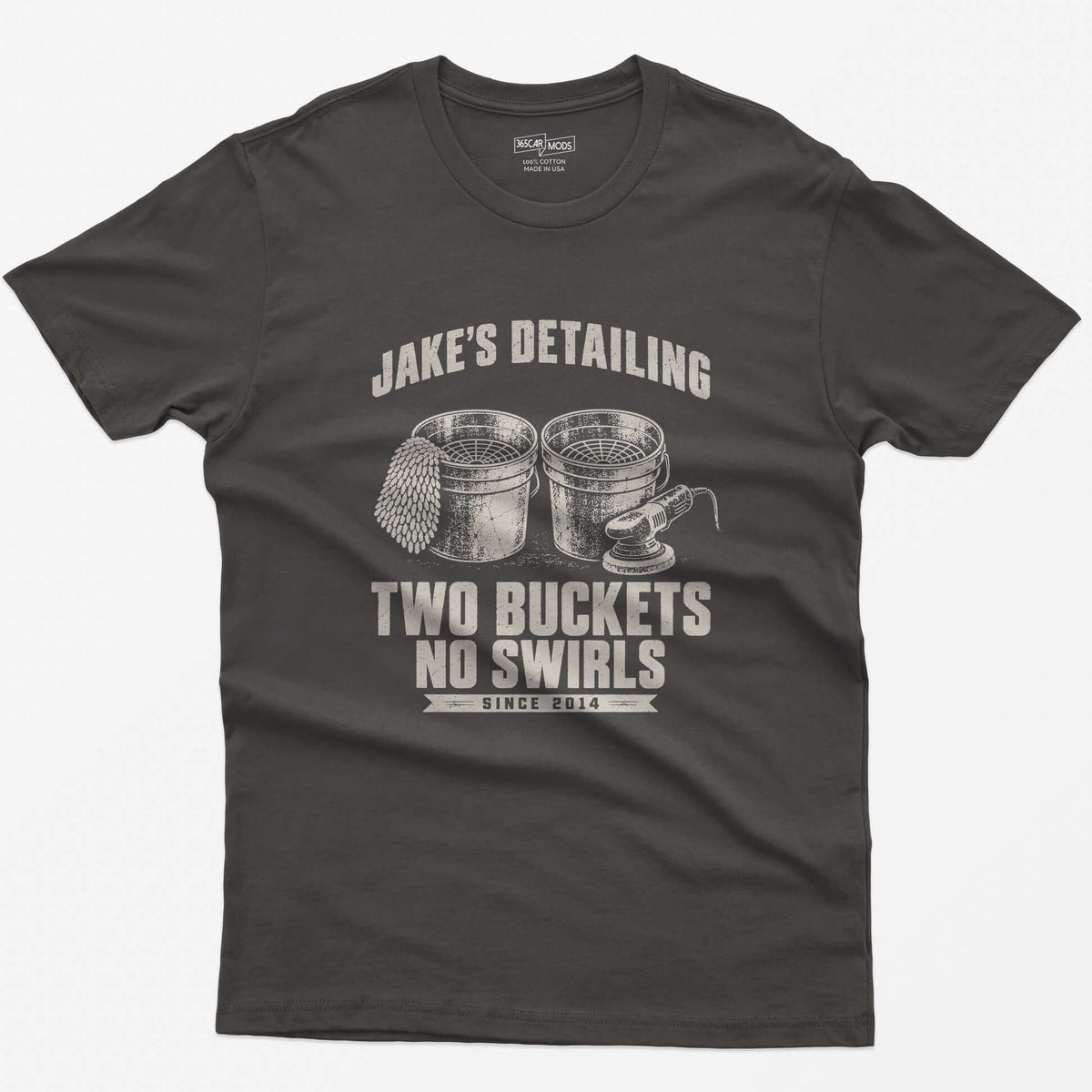 Dark Heather t-shirt with two wash buckets and personalized Jake’s Detailing Two Buckets No Swirls Since 2014 print