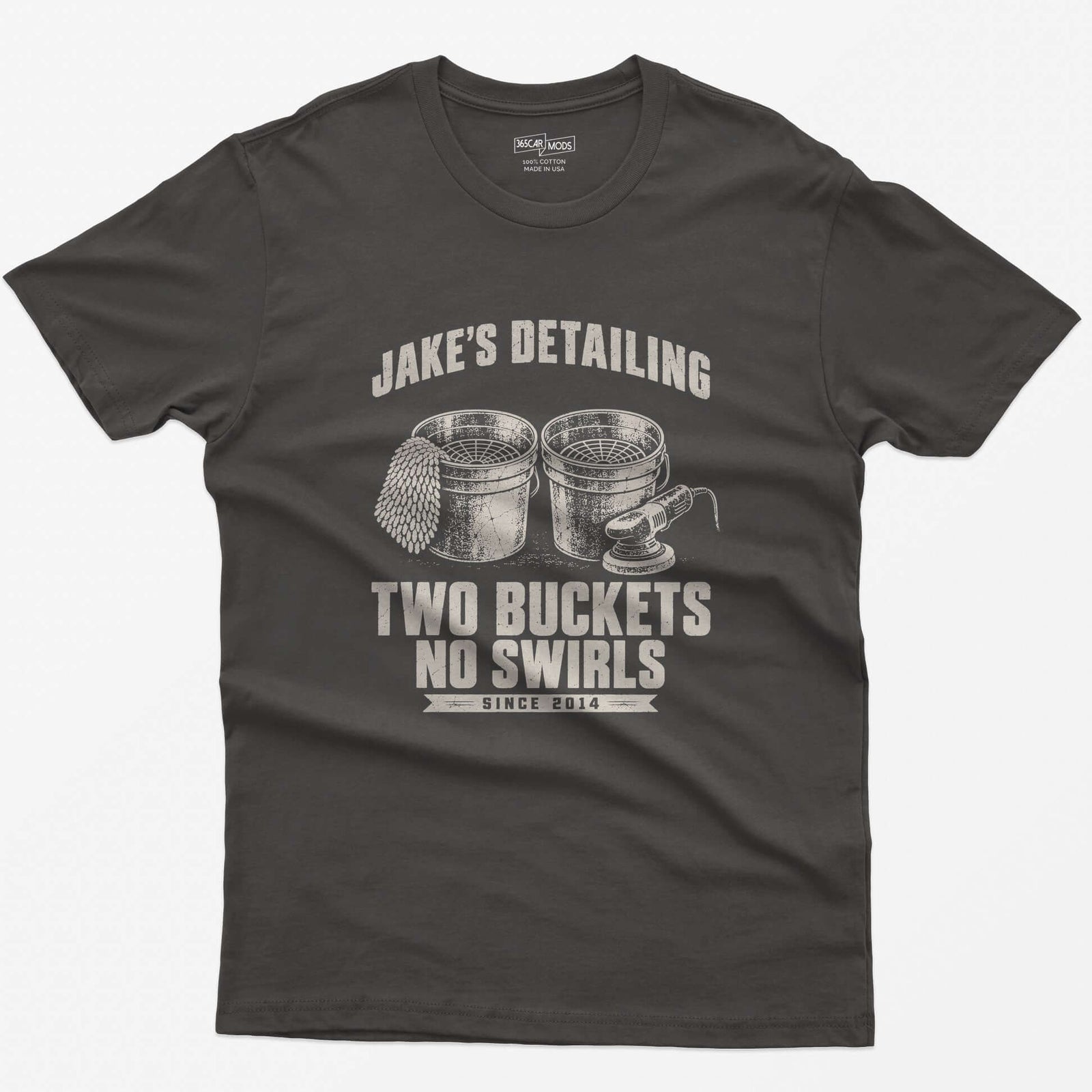 Dark Heather t-shirt with two wash buckets and personalized Jake’s Detailing Two Buckets No Swirls Since 2014 print