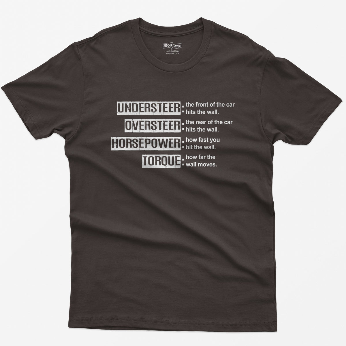 Dark Chocolate t-shirt with Understeer, Oversteer, Horsepower and Torque in distressed label boxes with funny wall definitions