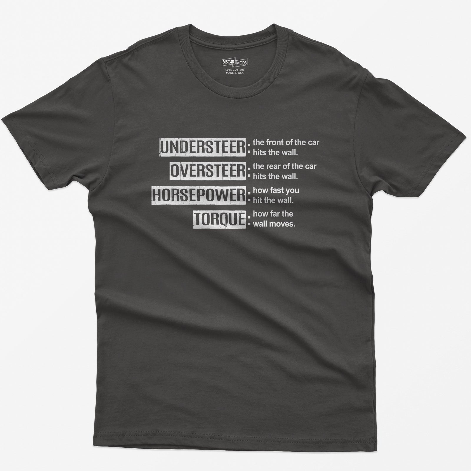 Dark Heather t-shirt with Understeer, Oversteer, Horsepower and Torque in distressed label boxes with funny wall definitions